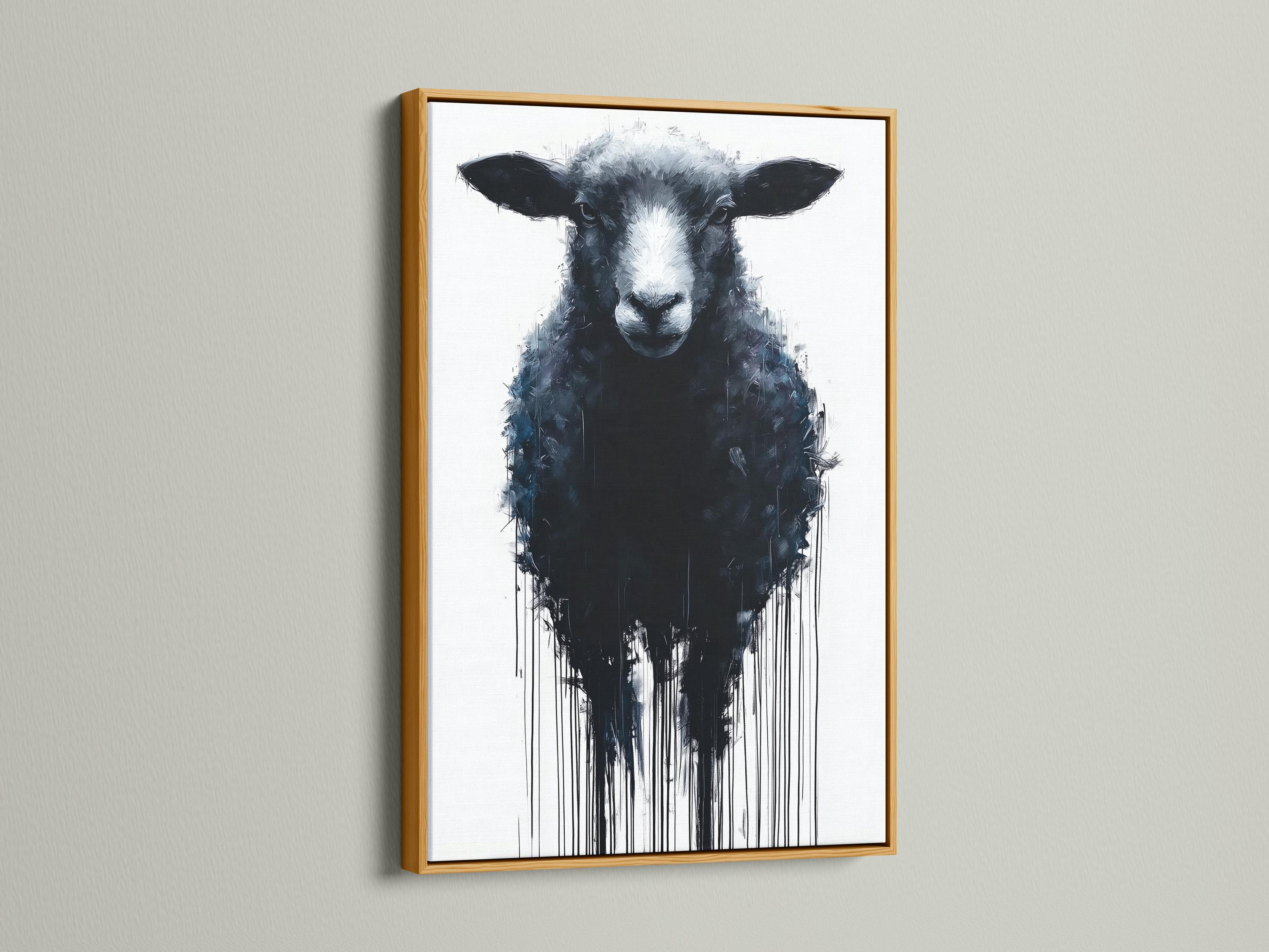 Sheep portrait artwork displayed in a bright industrial-style room