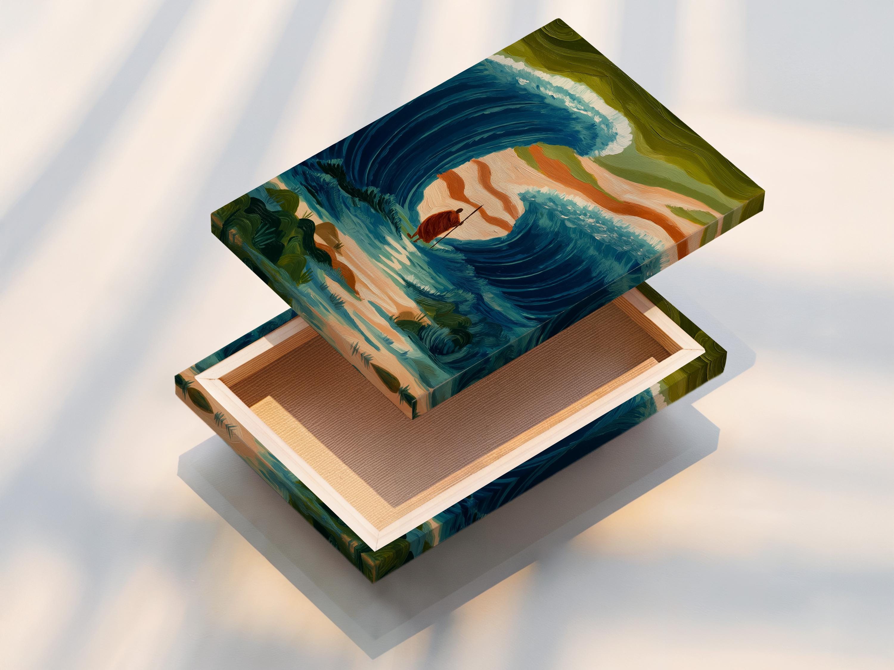 Painterly teal ocean scene with waves parting around a central figure holding a staff detail view