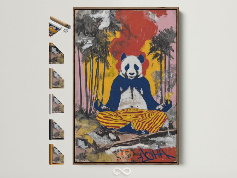 Portrait artwork featuring a seated panda with a yellow and red striped cushion and graffiti-style colours