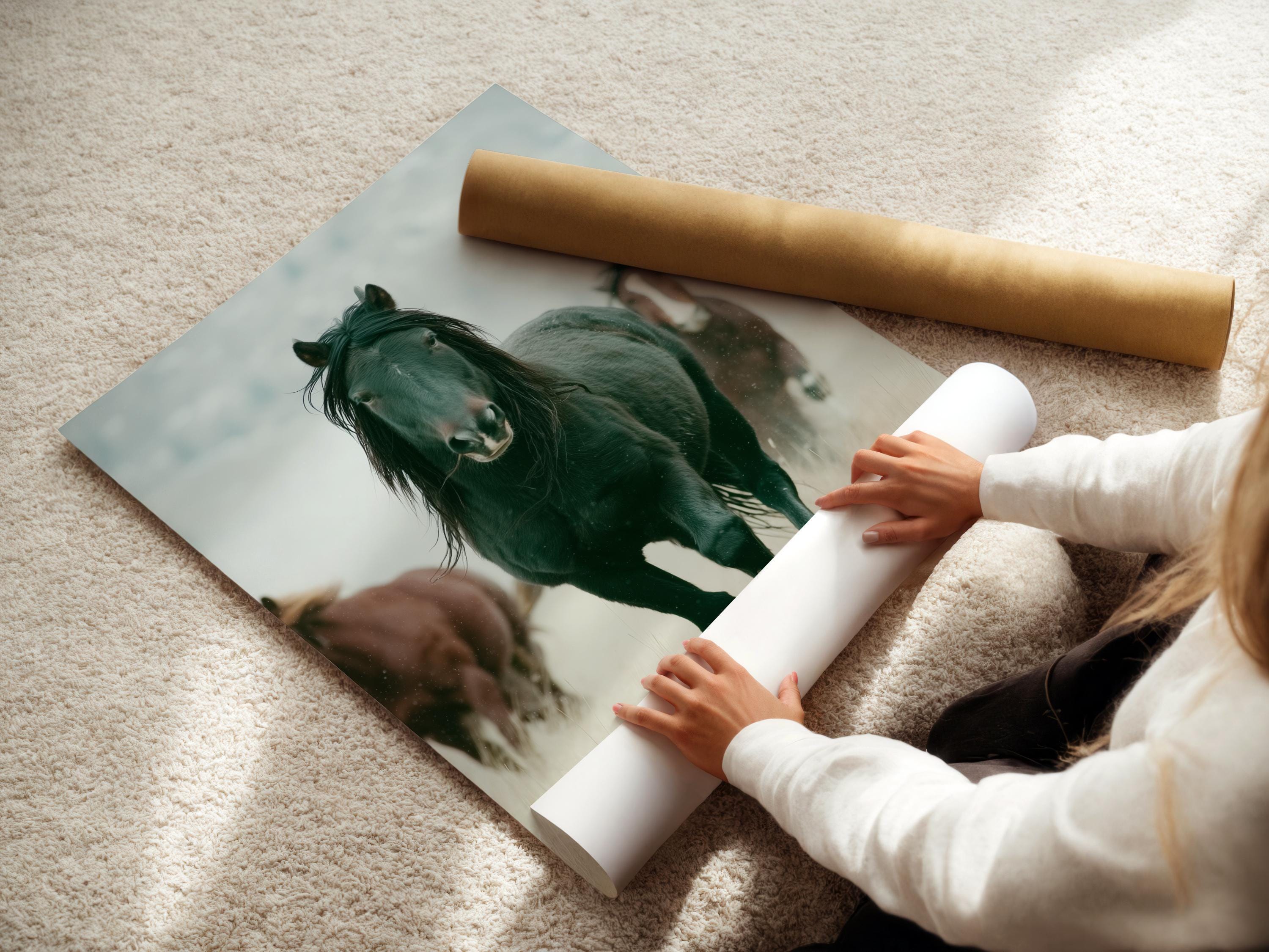 Muted green horse portrait with a pale misty background and a blurred second horse detail view