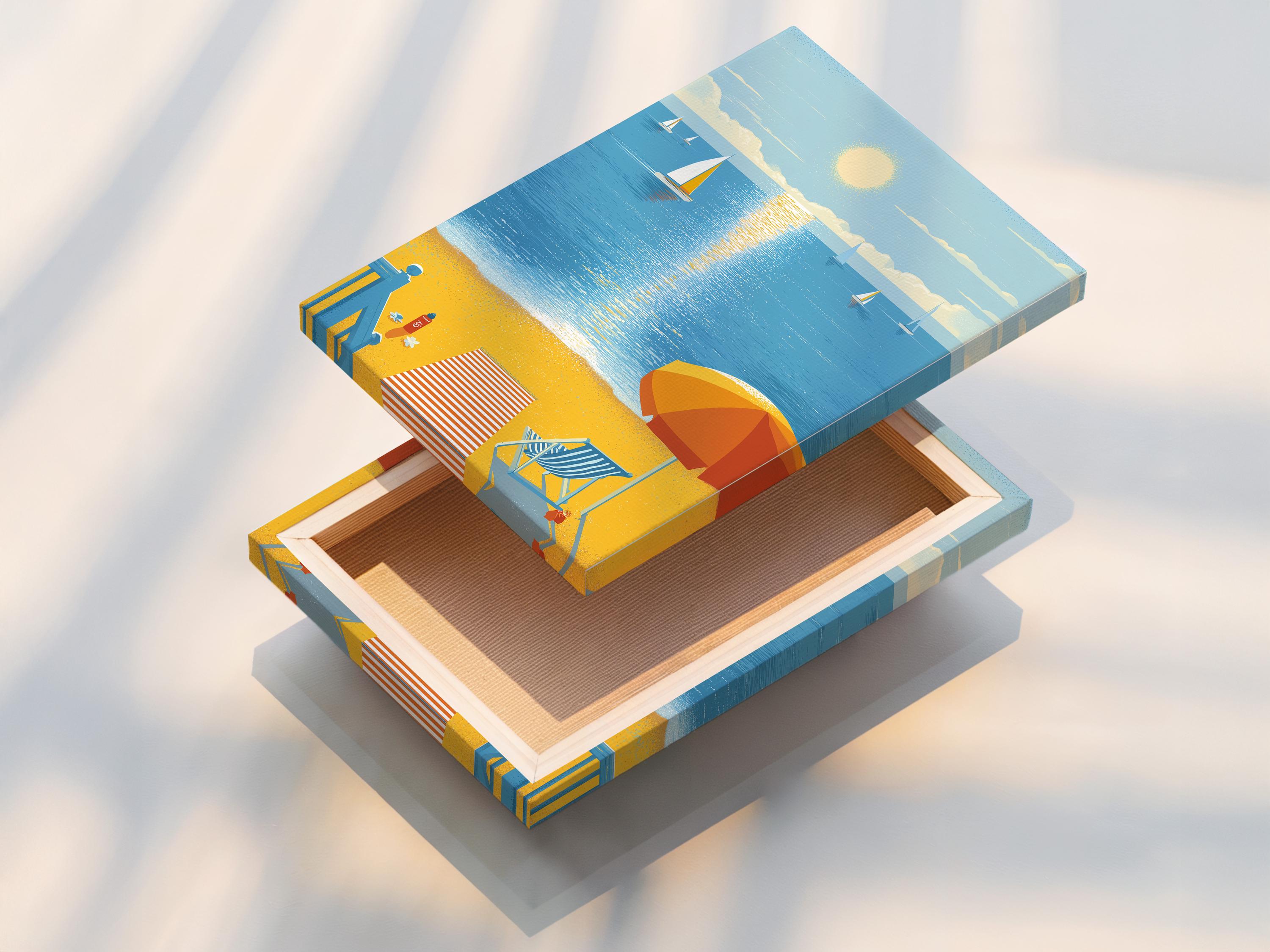 Illustrated beach and ocean scene with sailboats, a glowing sun, and an orange umbrella on sandy shore detail view
