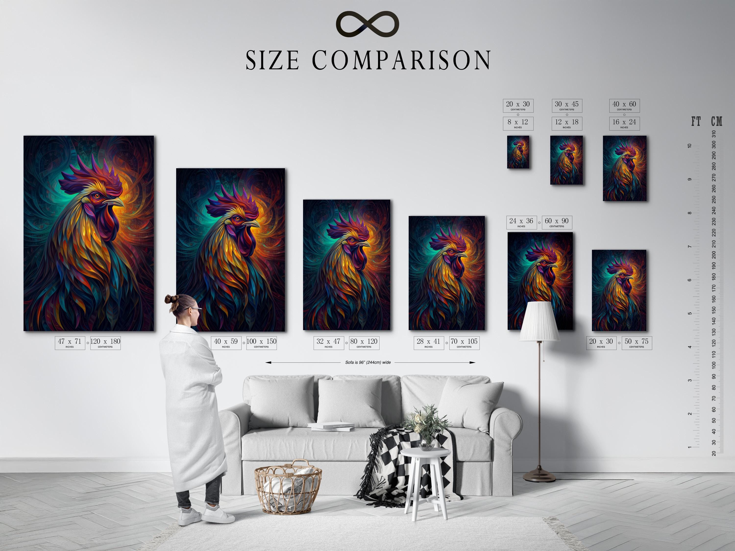 Room mockup showing framed rooster artwork in vivid teal, orange, purple and yellow