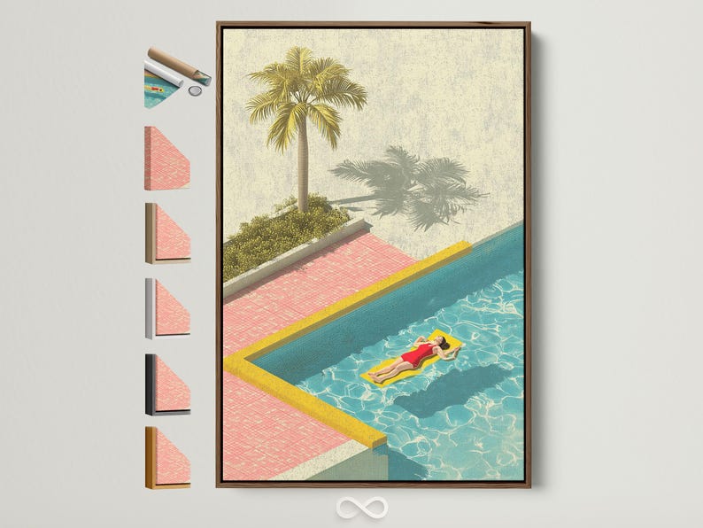 Retro poolside illustration with a tall palm tree, turquoise water, pink tiles, and a person relaxing on a float