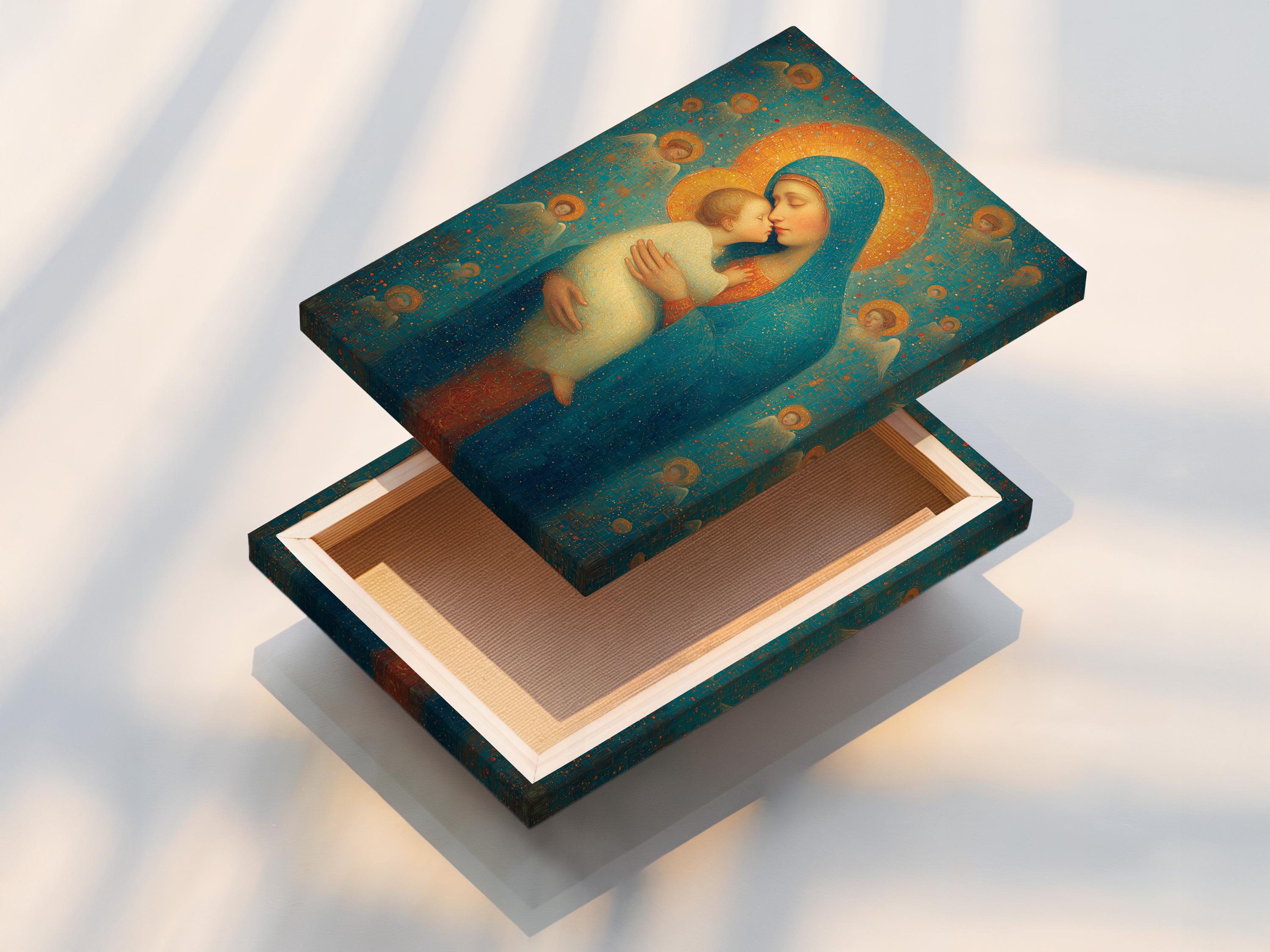 Religious painting of a haloed woman holding a haloed child against a teal and gold speckled background detail view