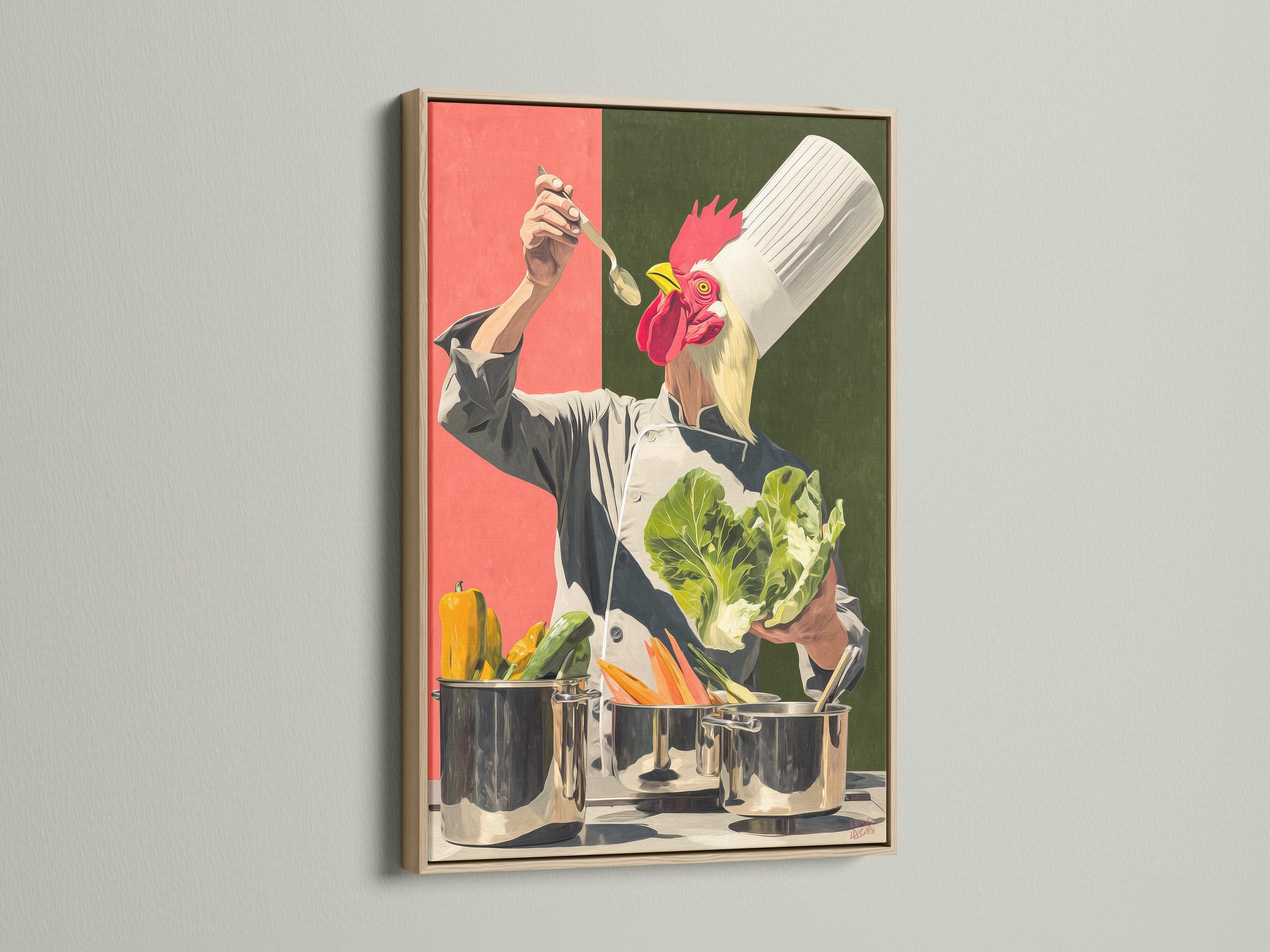 Stylised chef cooking scene with a bright red rooster perched above pots and vegetables detail view