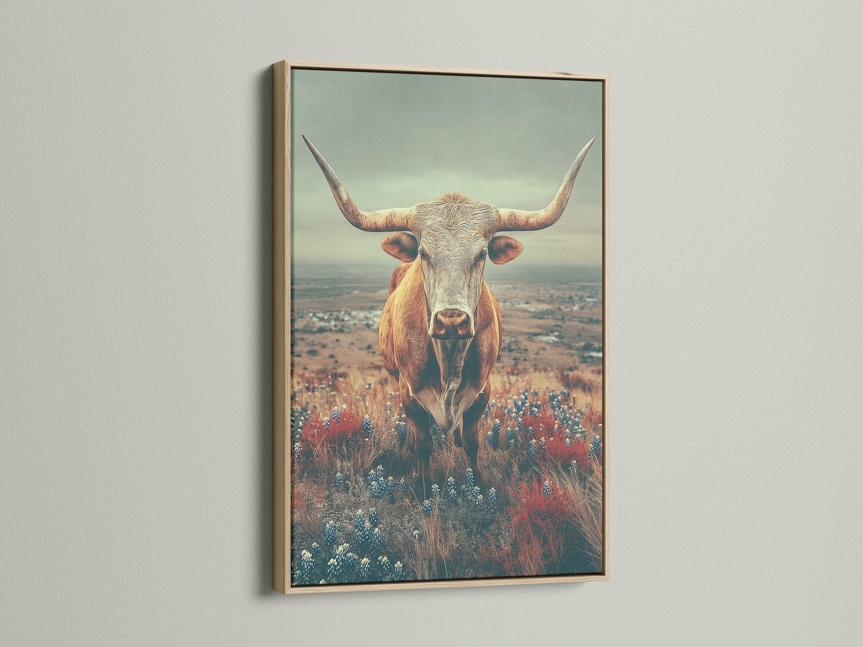 Longhorn cow standing in a countryside landscape with red and blue flowers under a muted green sky detail view