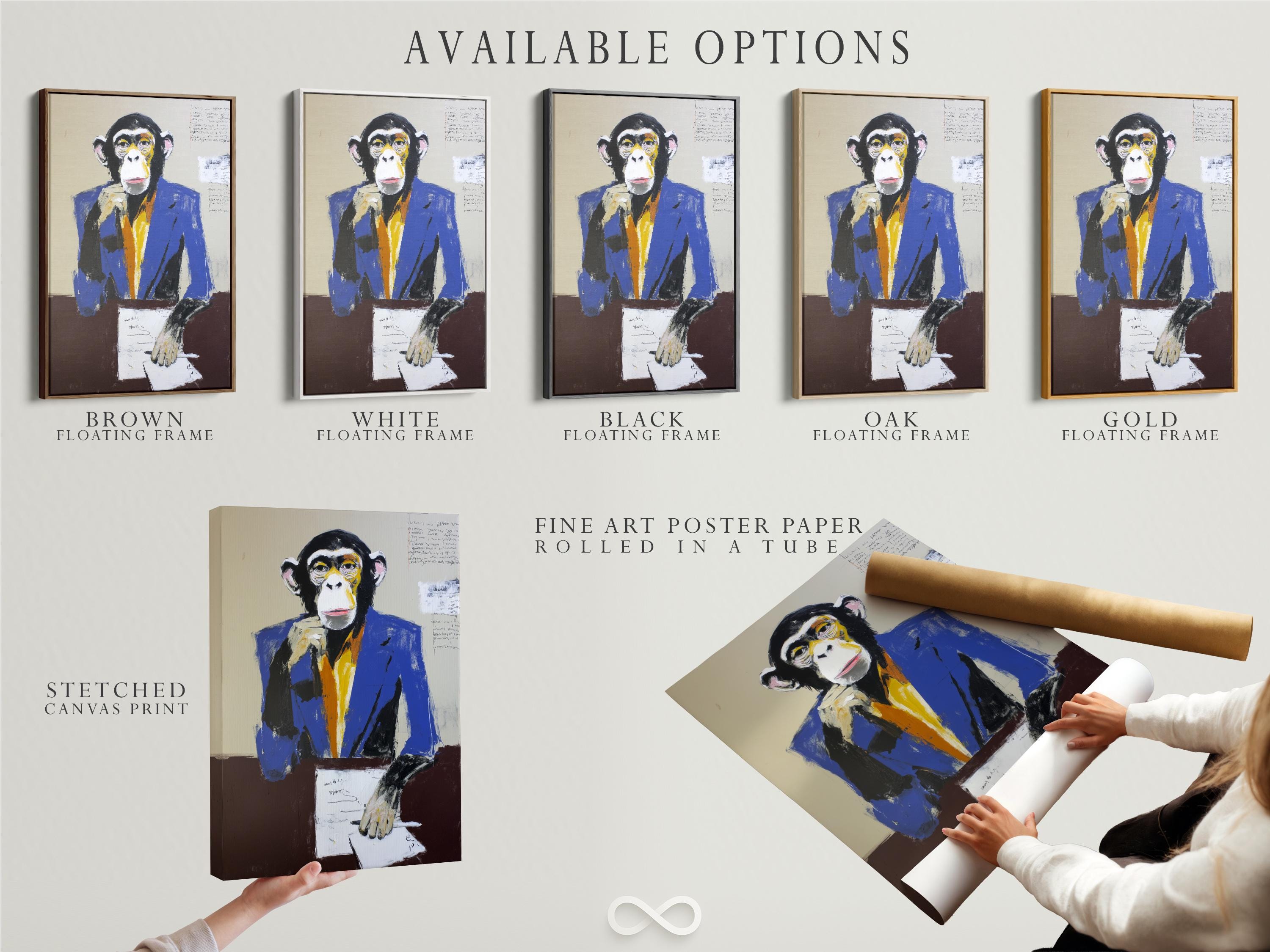 Stylised monkey portrait in a blue suit holding papers with faint scribbles detail view