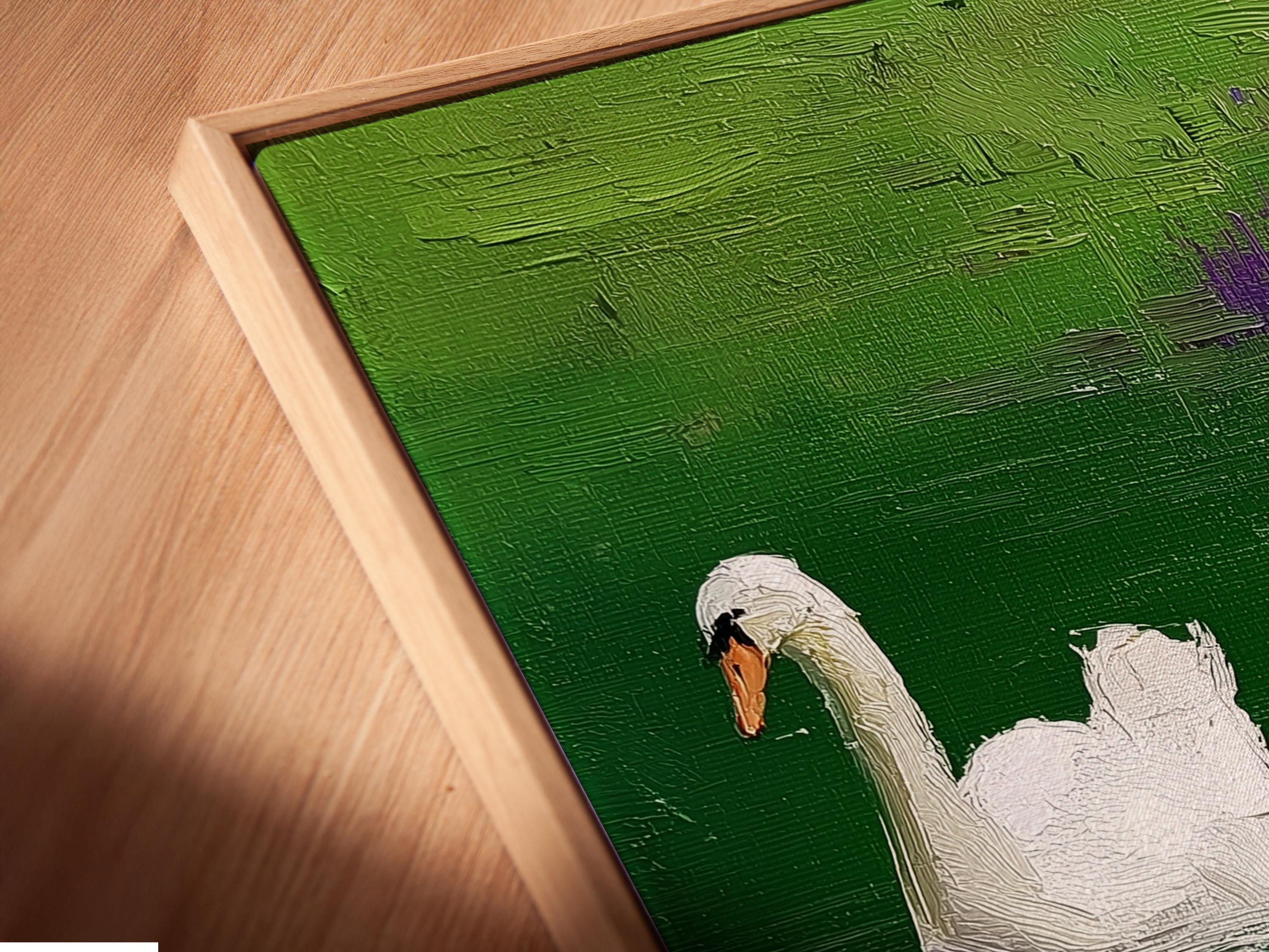 Room mockup with a framed green lake swan painting on a wall