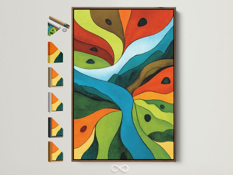 Abstract landscape artwork with sweeping green, orange and blue geometric curves