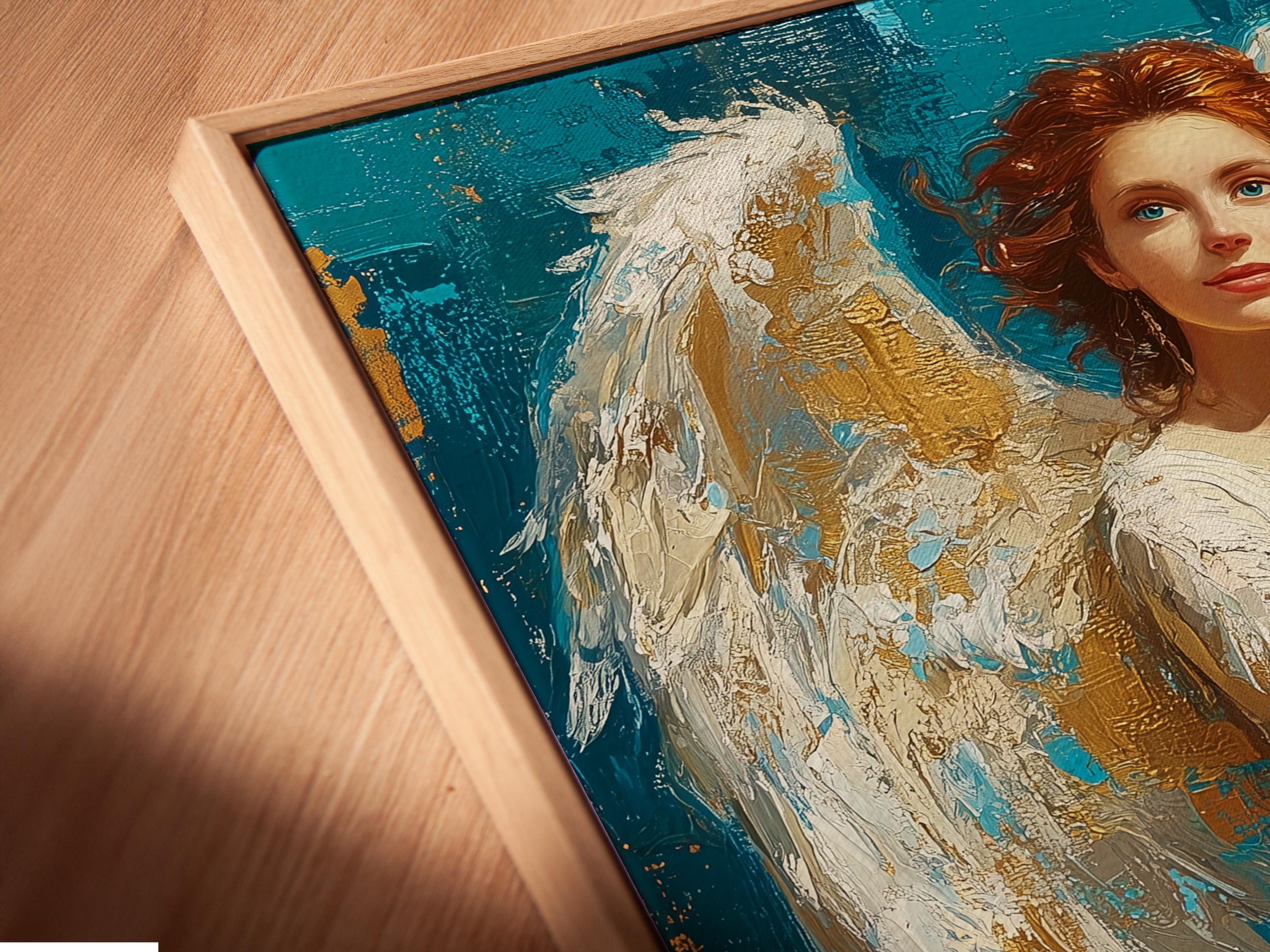 A teal and gold portrait of a woman with white angel wings, rendered in a painterly style with textured, gold-flecked background blocks detail view