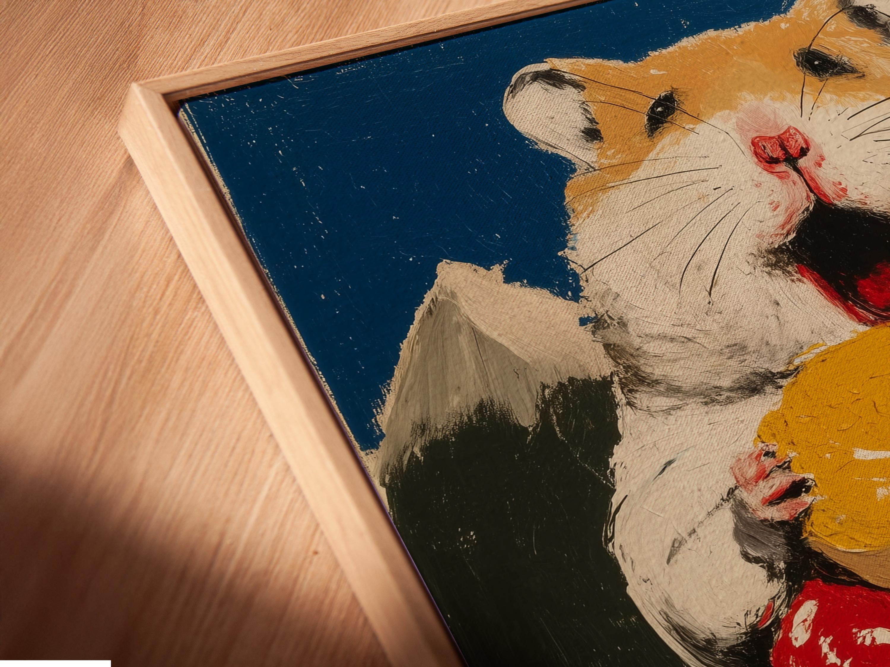 Painted hamster holding a large donut with red, green and gold accents detail view