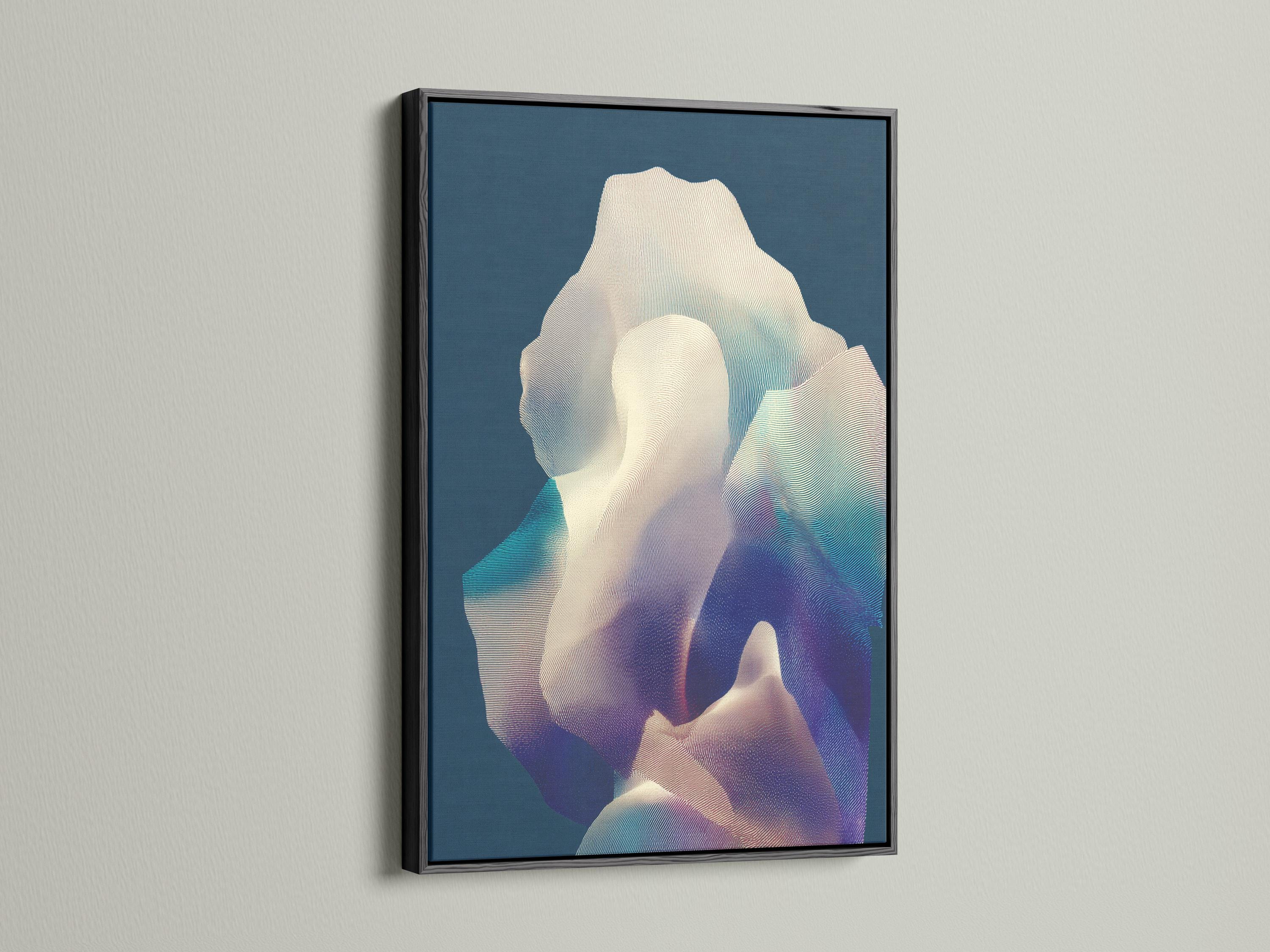 Room mockup showing navy blue abstract artwork on a wall with several frame options nearby