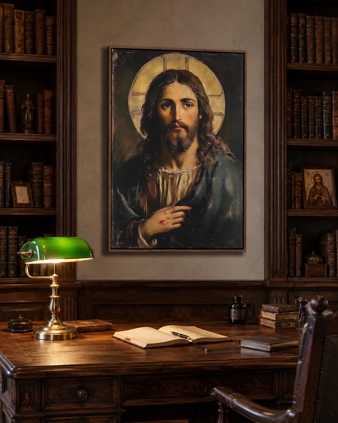 Jesus portrait with long dark hair and a glowing gold halo detail view