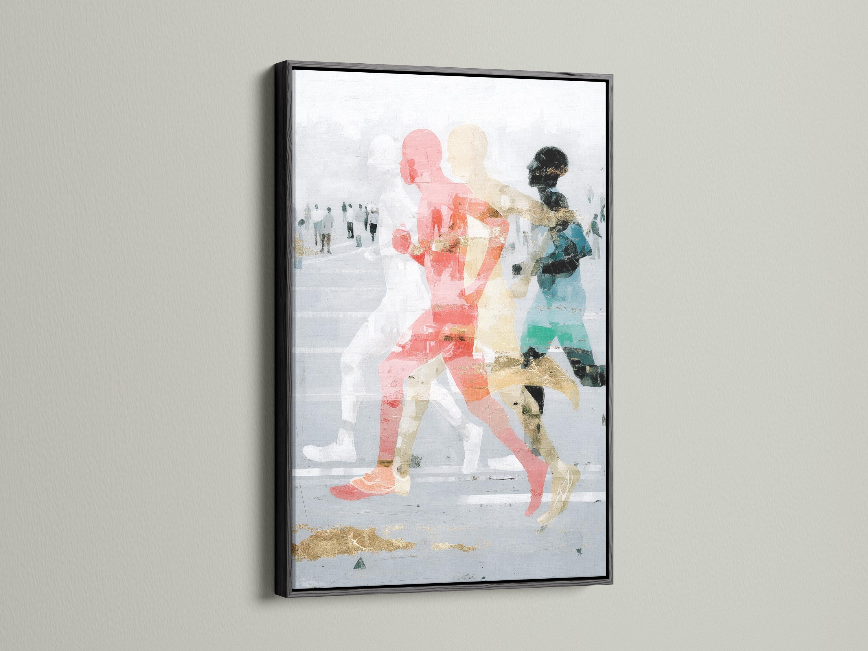 Room mockup featuring a framed abstract runners artwork with coral and teal figures