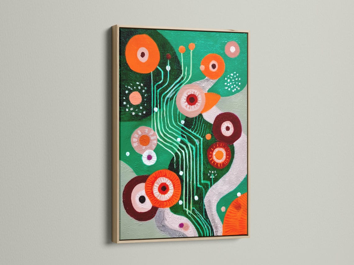 Green abstract artwork with orange and maroon circles, teal curved lines and dotted accents detail view