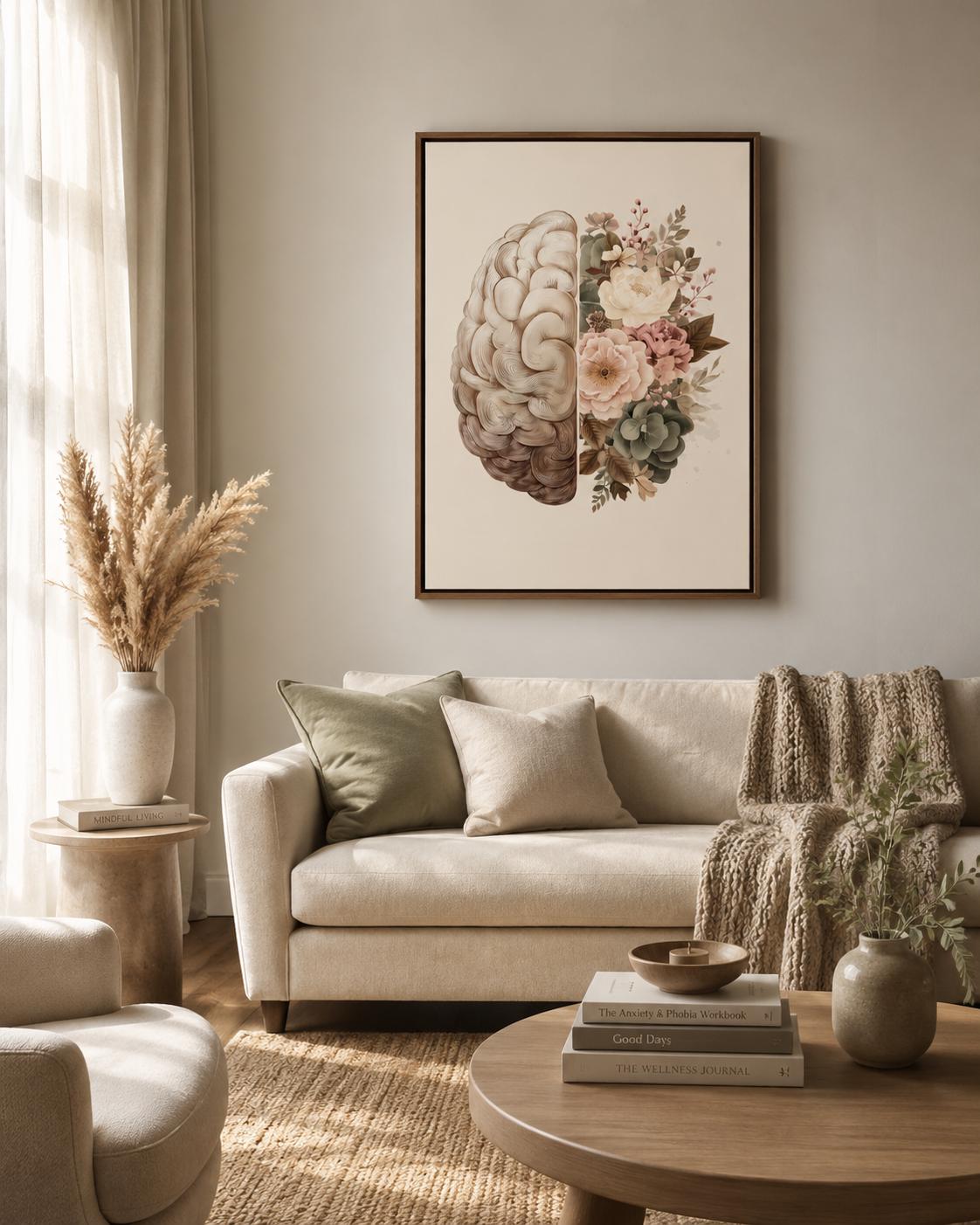 Person reading beside a framed split brain and floral artwork on a floor in a softly lit room