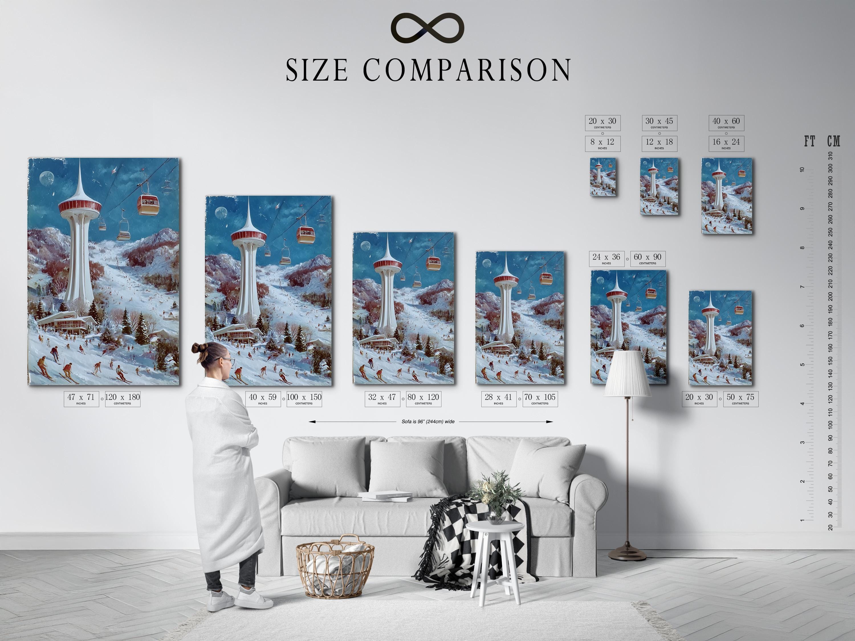 Winter ski resort scene with a tall tower, cable cars and skiers on snowy slopes detail view