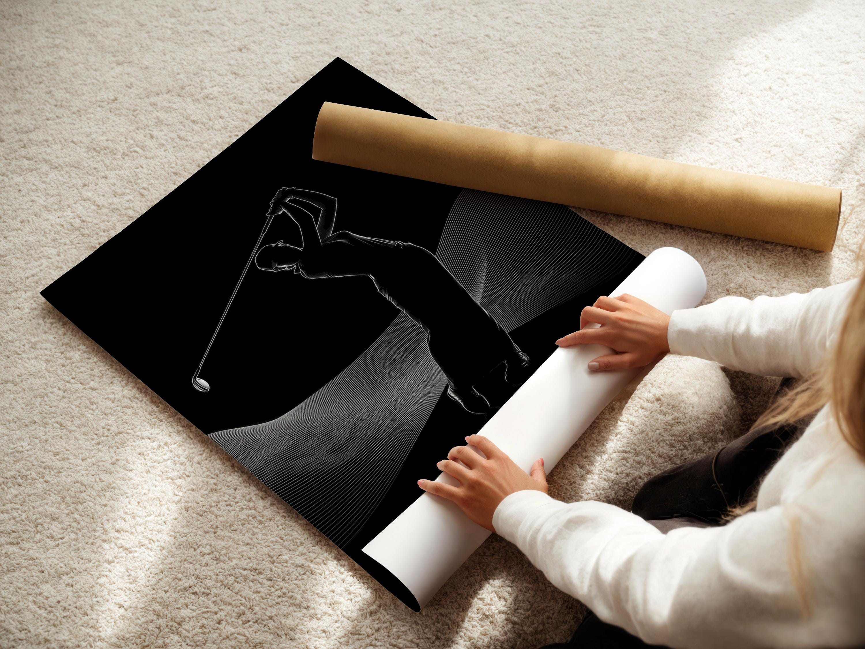Black and white line art of a golfer silhouette mid-swing with curved contour lines detail view