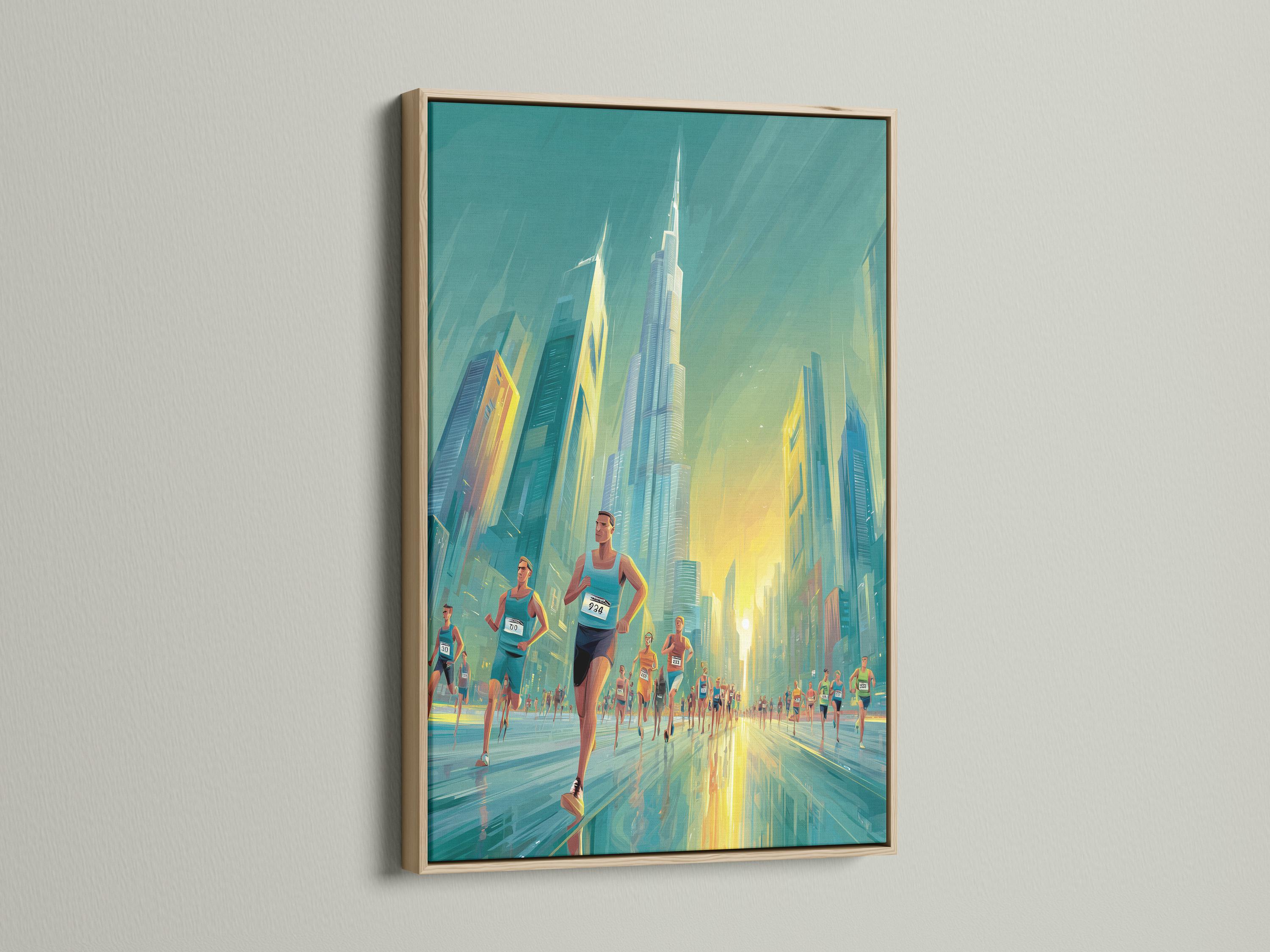 Teal and yellow marathon city scene with runners running between skyscrapers detail view