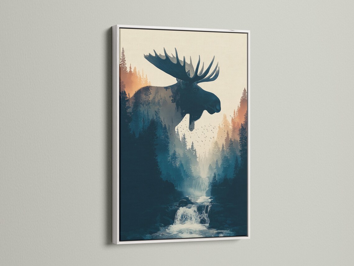 Moose silhouette in a misty pine forest with birds and a stream waterfall detail view