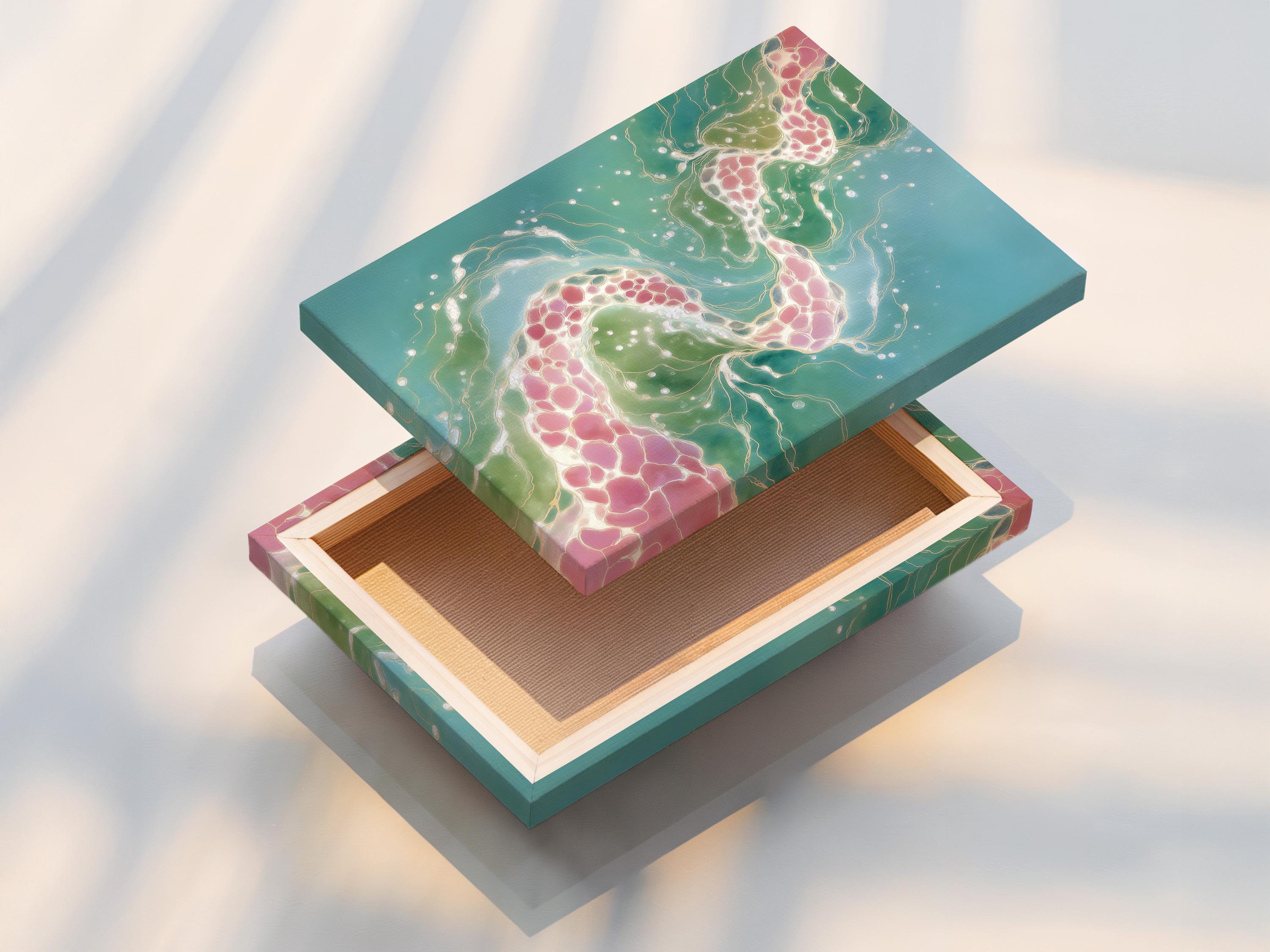 Teal abstract artwork with flowing white lines and blush pink clusters detail view