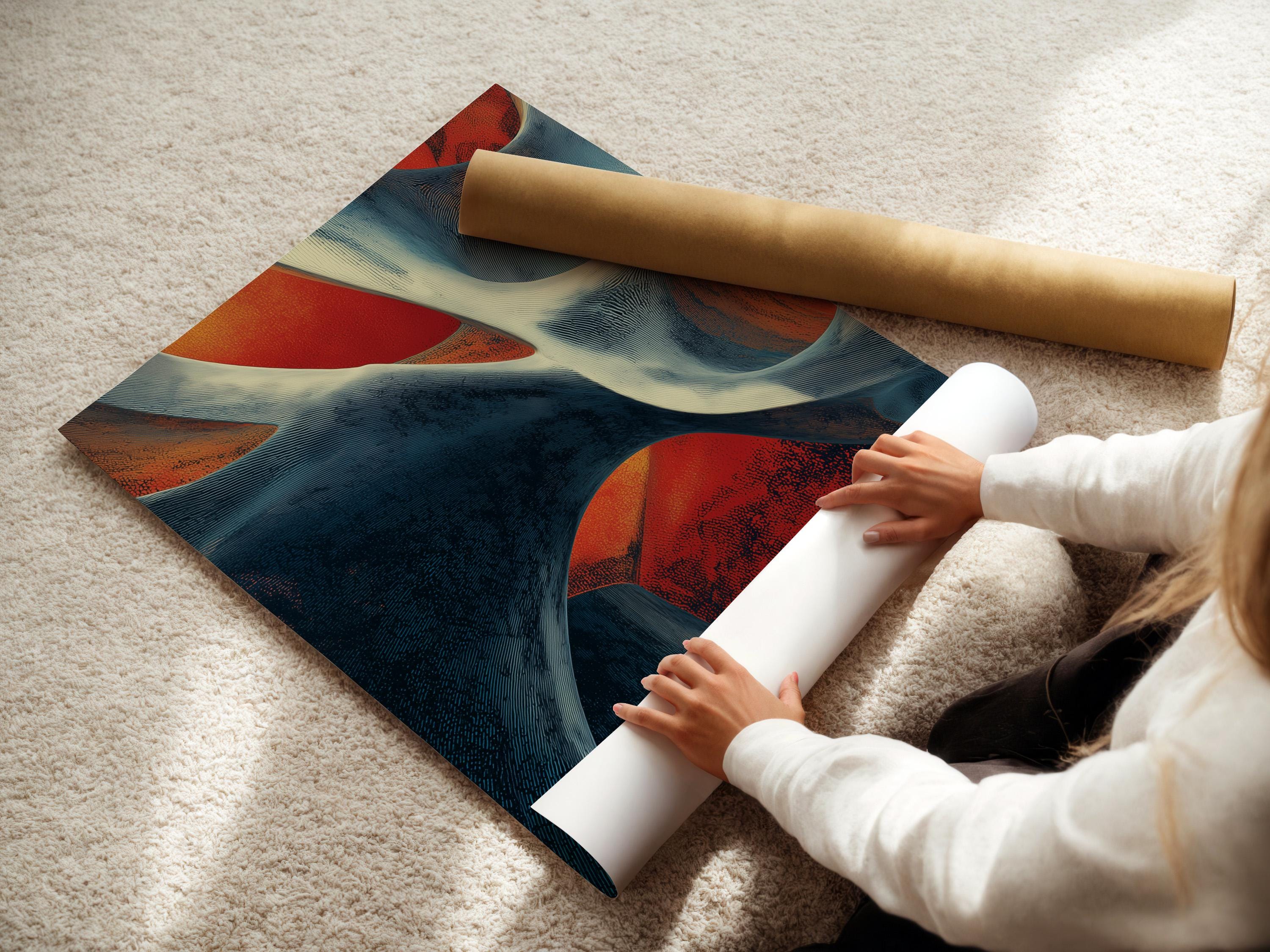 Abstract geometric artwork with indigo and blue curved ribbons, cream highlights, and coral-red accents detail view