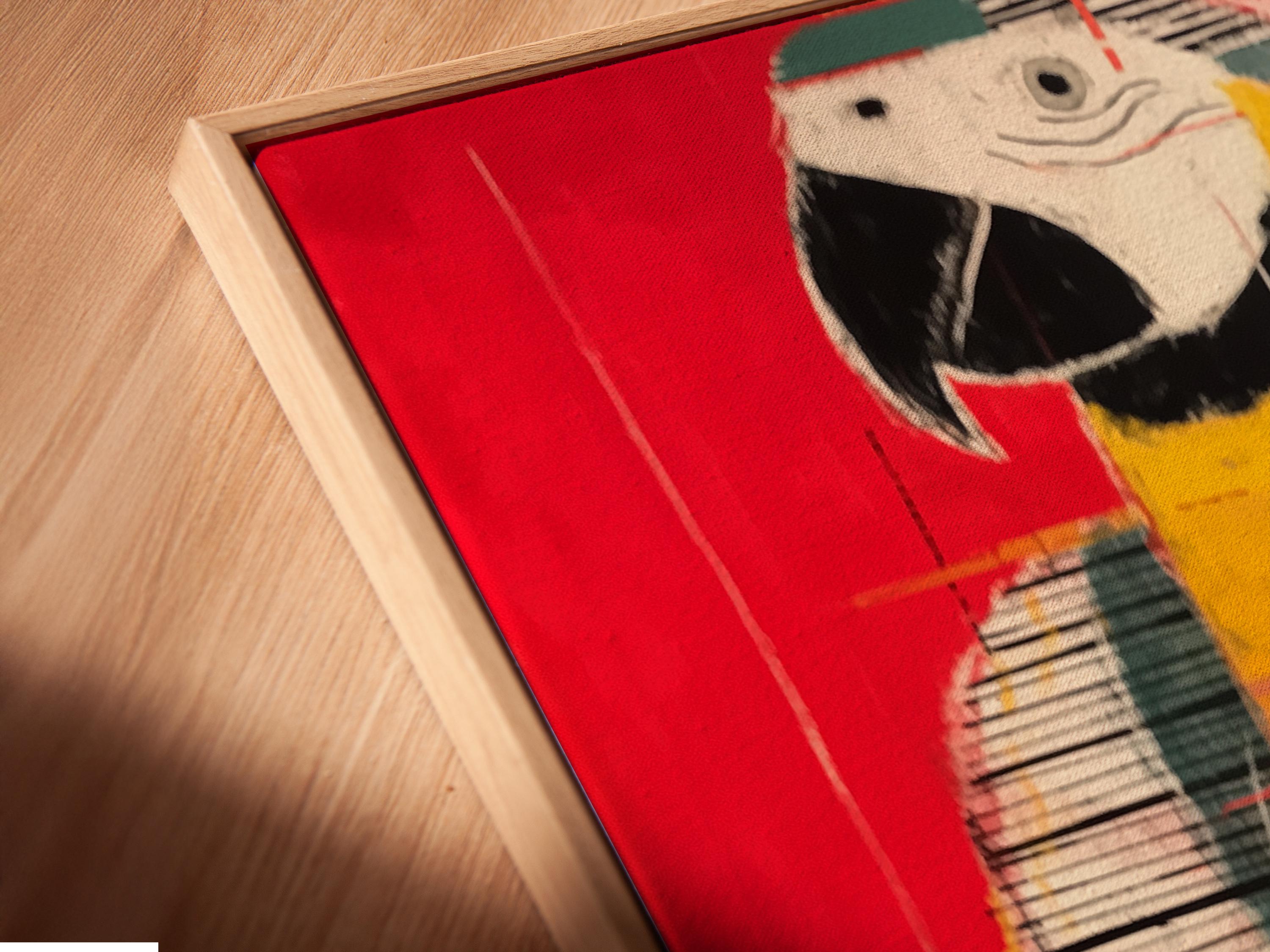 Stylised parrot-like bird artwork in red, yellow and black with painterly, grid-like lines detail view