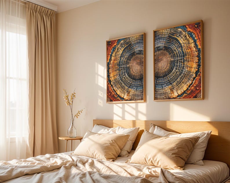 Abstract tree ring artwork with concentric circular lines in dark blue, charcoal and burnt orange