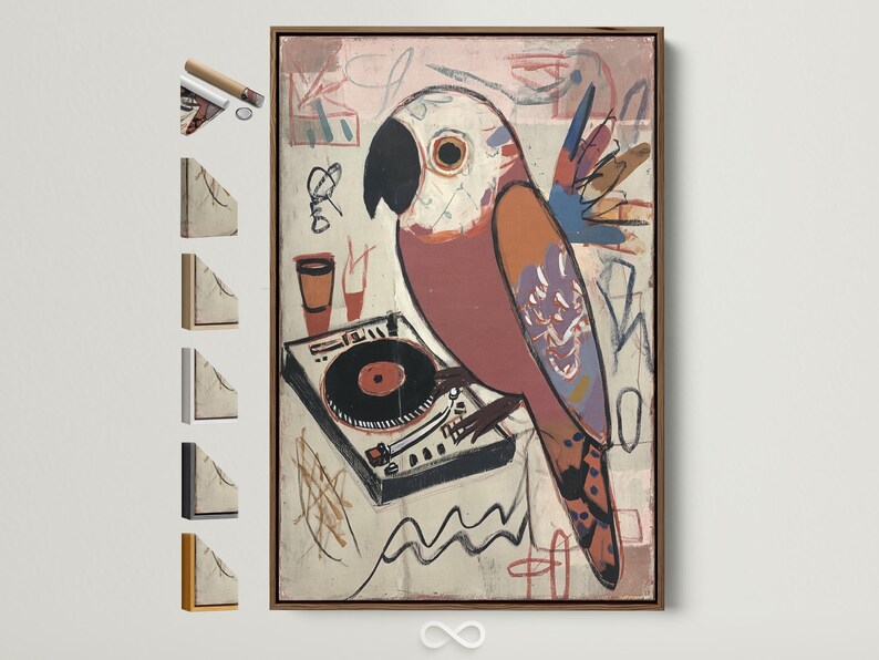 Stylised parrot above a vinyl record and turntable with graffiti-like music doodles