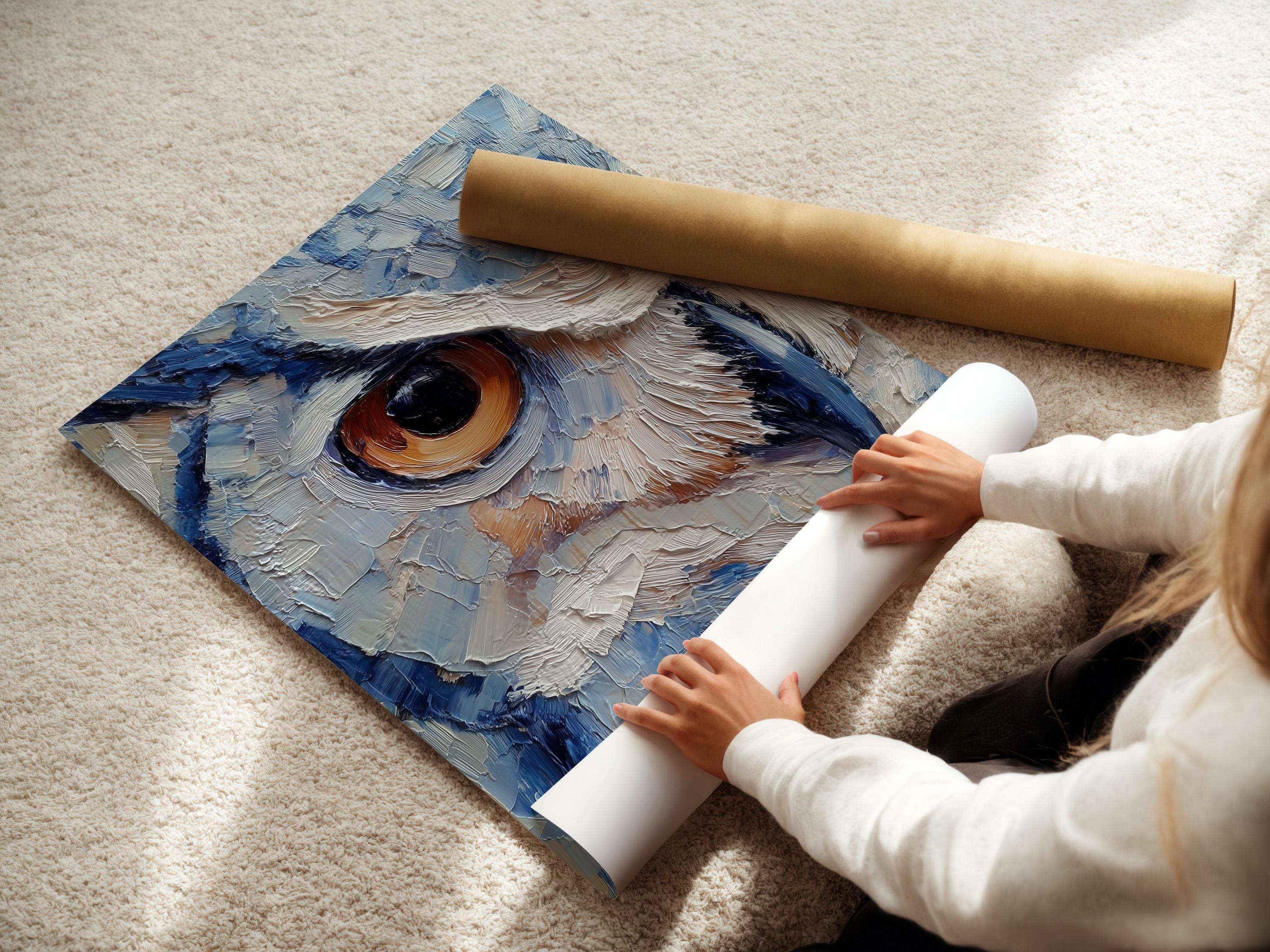 Room scene with a framed blue owl painting above a desk where a person writes in a book