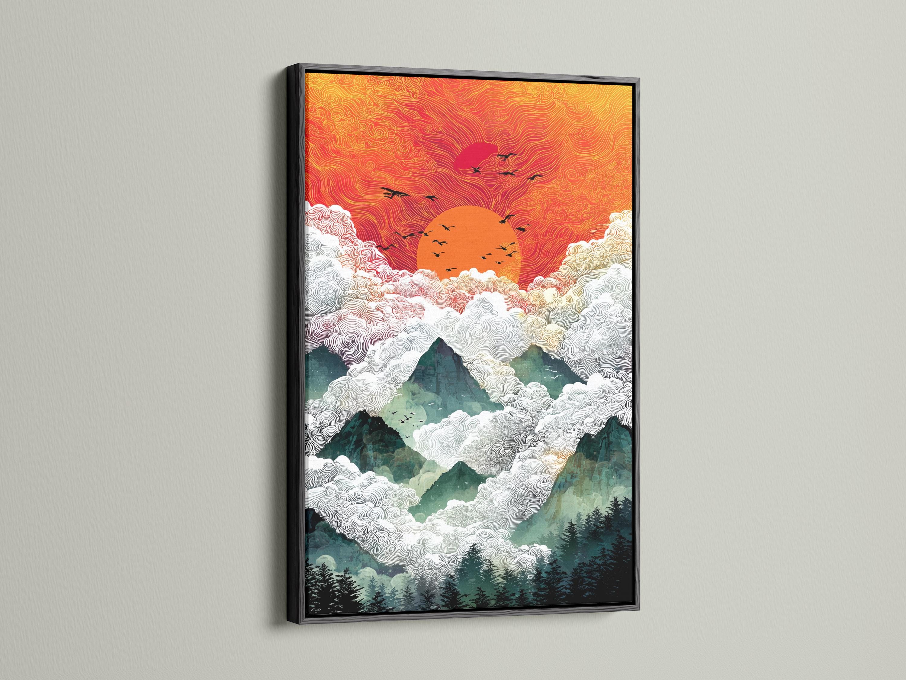 A stylised sunrise mountain scene fills the artwork, with swirling cloud lines, layered peaks, and small black bird silhouettes across a warm orange