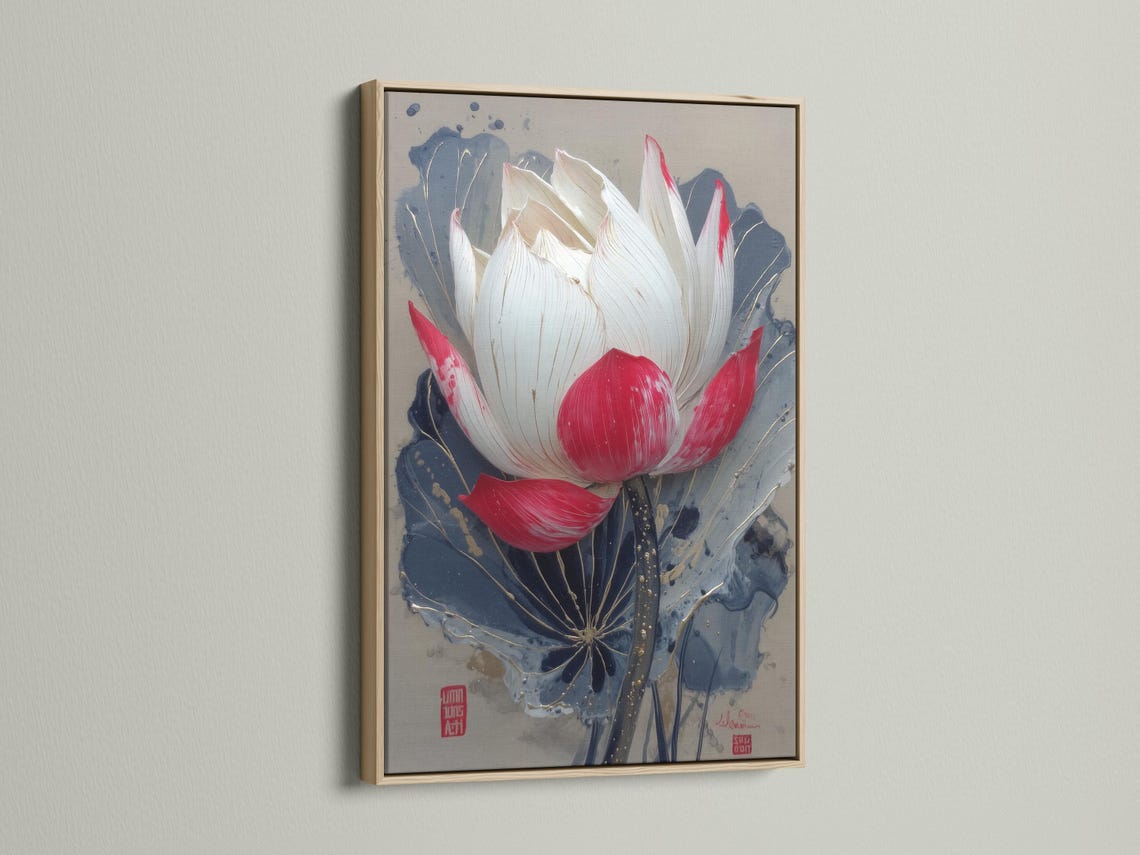 Lotus flower painting with white and red petals over deep blue leaves and gold speckles detail view