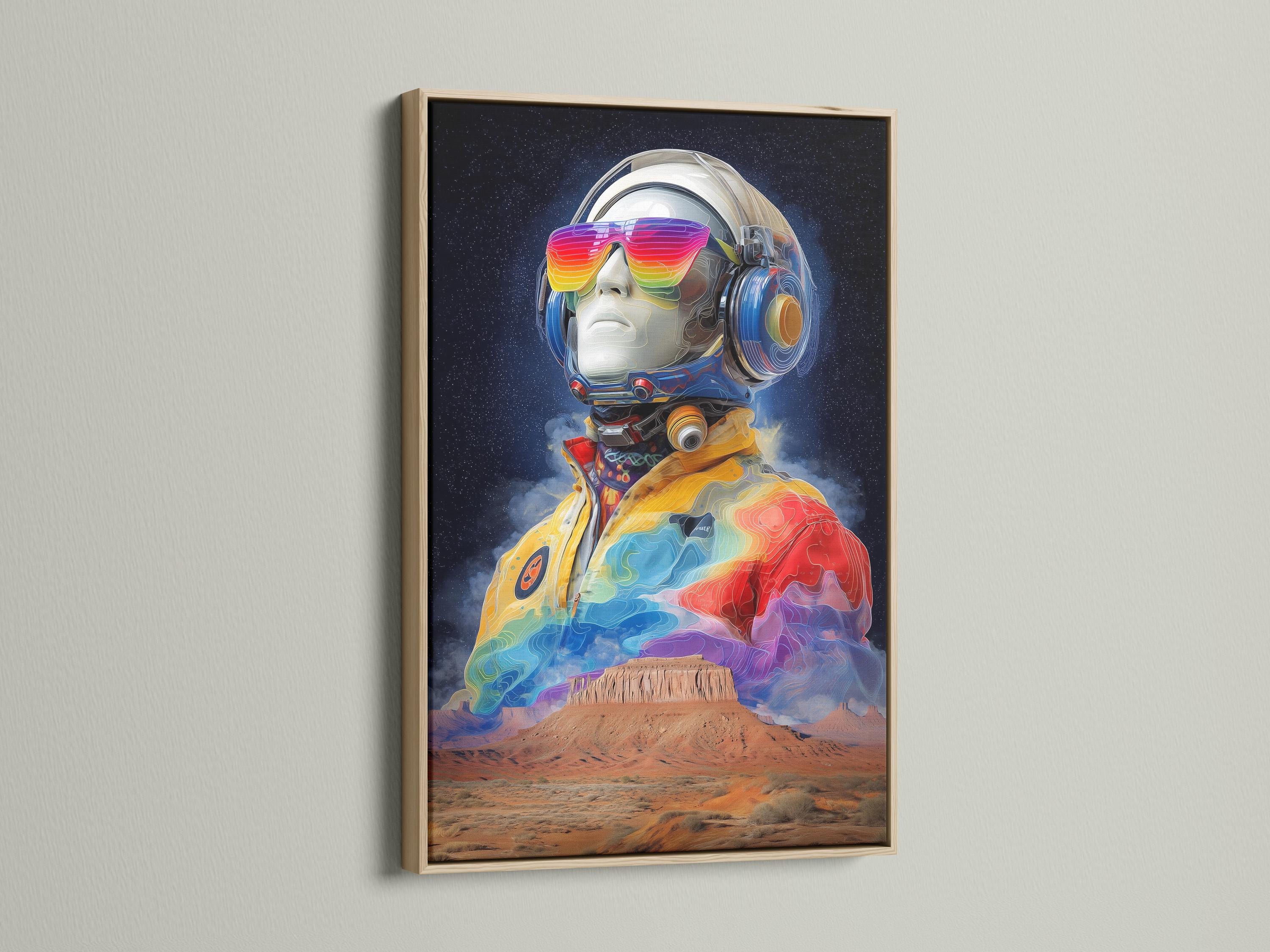 Futuristic astronaut standing in a desert under a dark starry sky with rainbow colours on the helmet and suit detail view