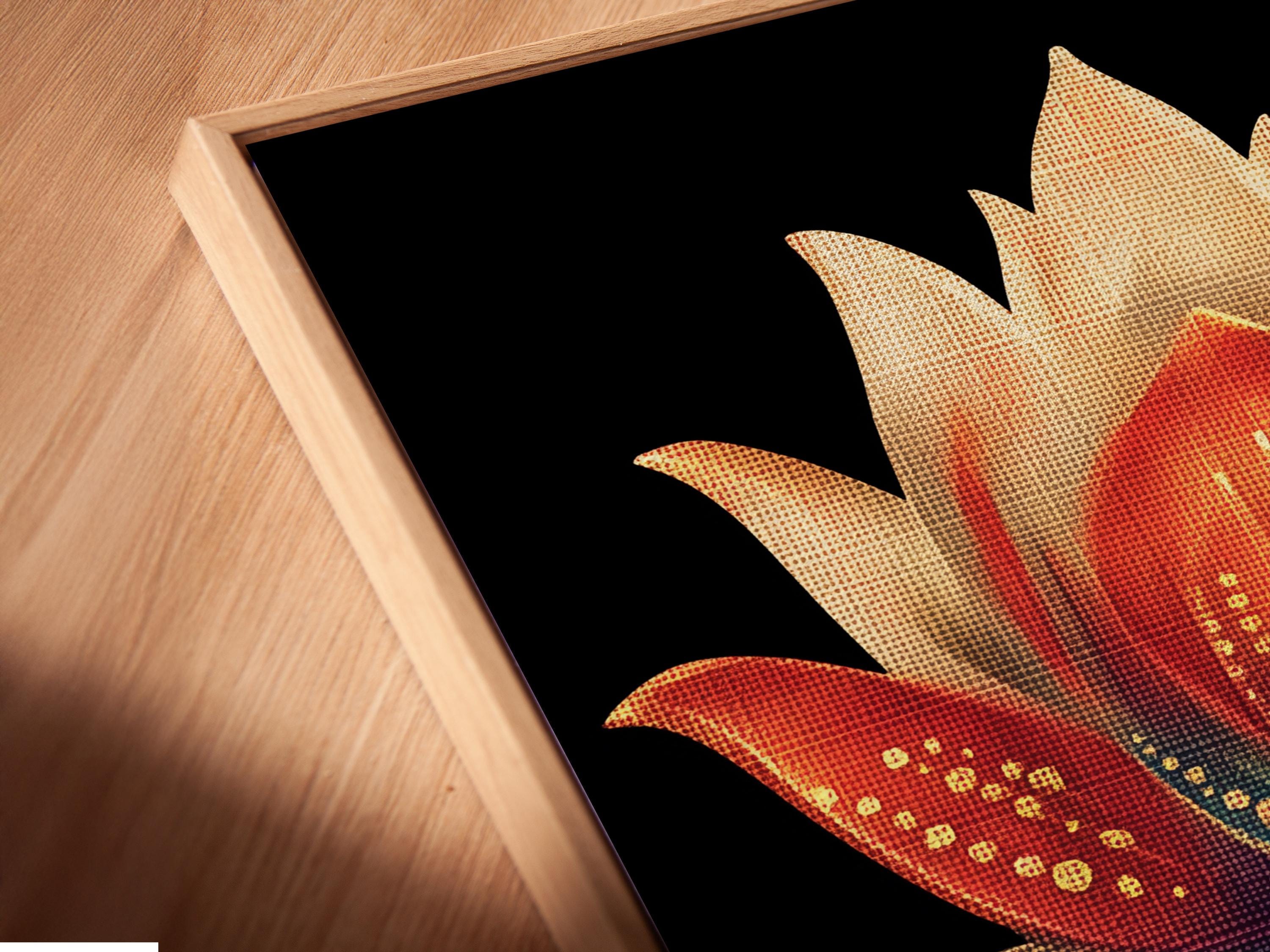 Person in a beige outfit standing beside a plant, with a lotus flower framed artwork above a wooden bench