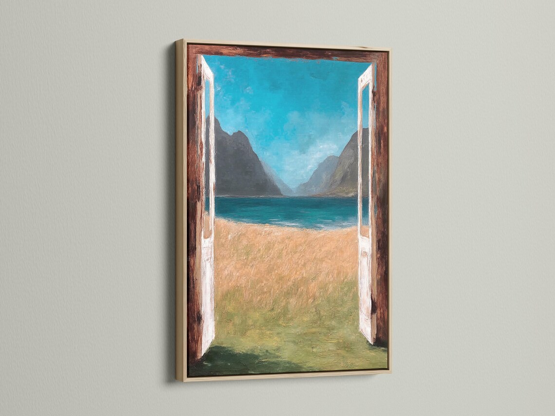 Room mockup showing a framed doorway seascape artwork with turquoise sea and mountains