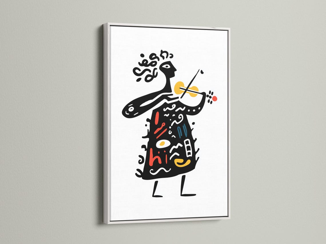 Room mockup showing a framed abstract musician illustration with trumpet, red and yellow accents on a white background