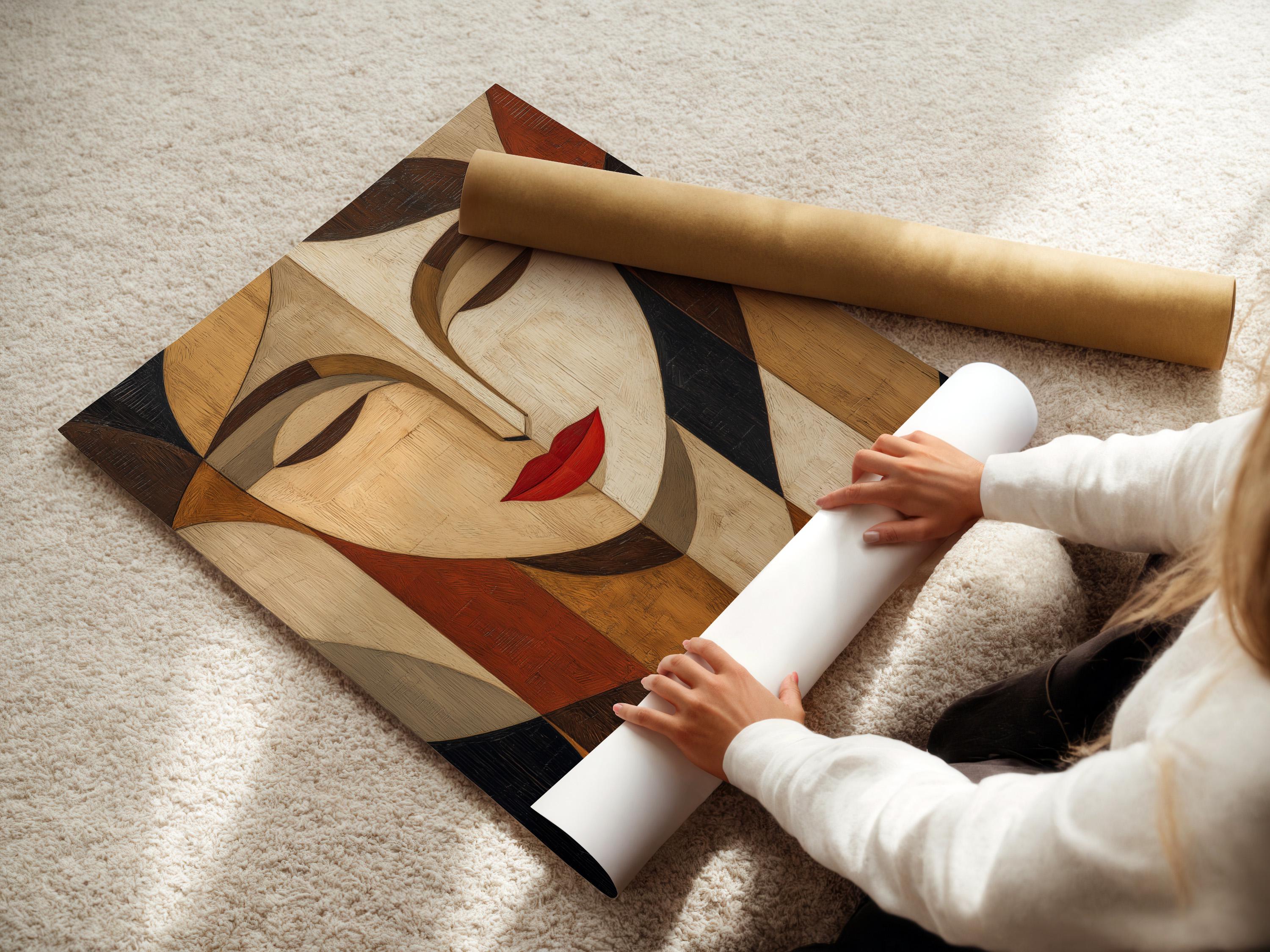 Room mockup showing abstract geometric woman portrait artwork