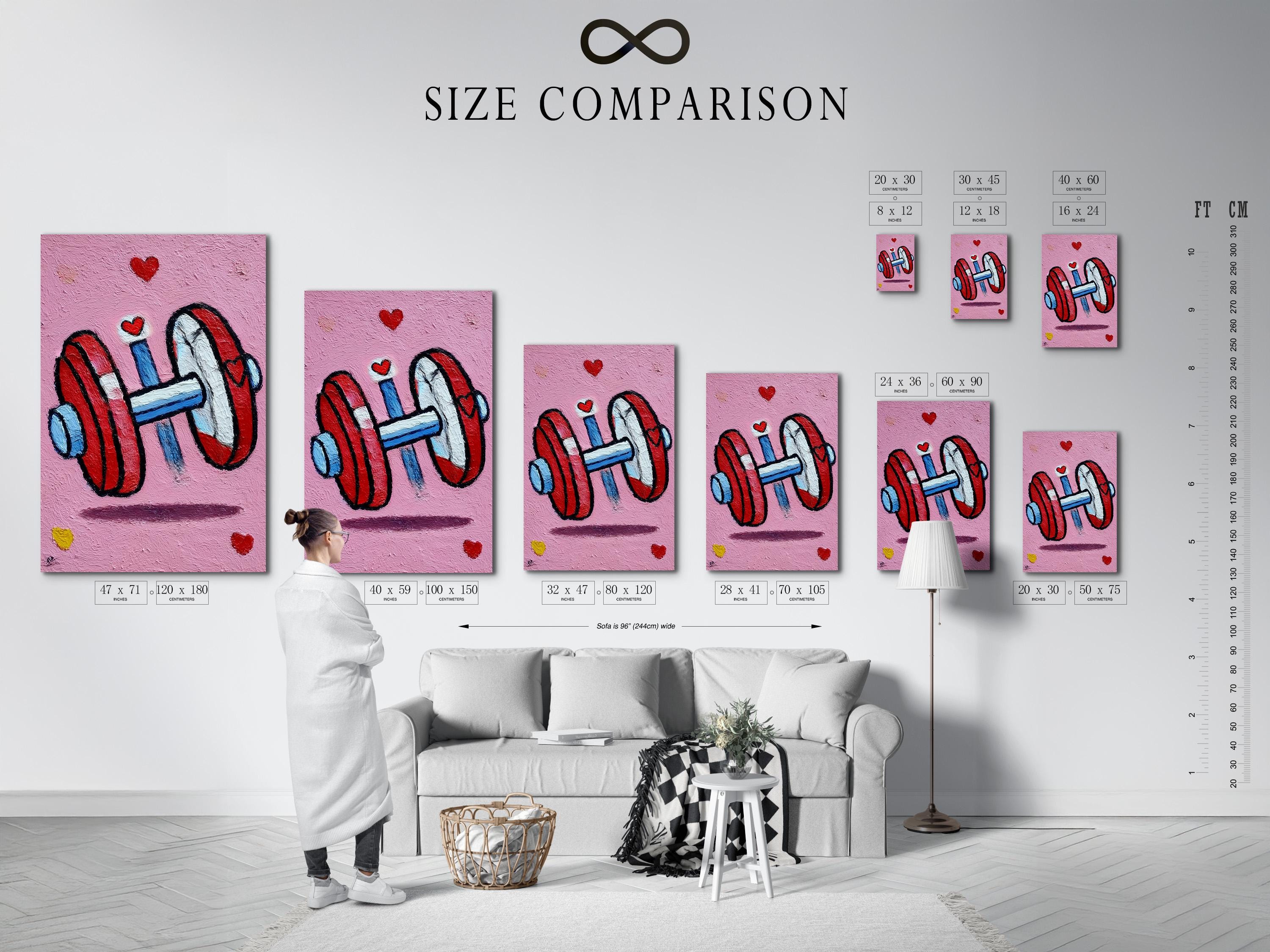Room mockup showing a pink framed fitness artwork with a weightlifter holding a bar and red hearts
