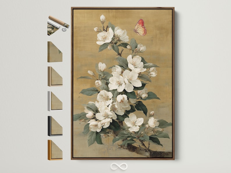 Vintage botanical illustration of white blossoms with green leaves and a red patterned butterfly