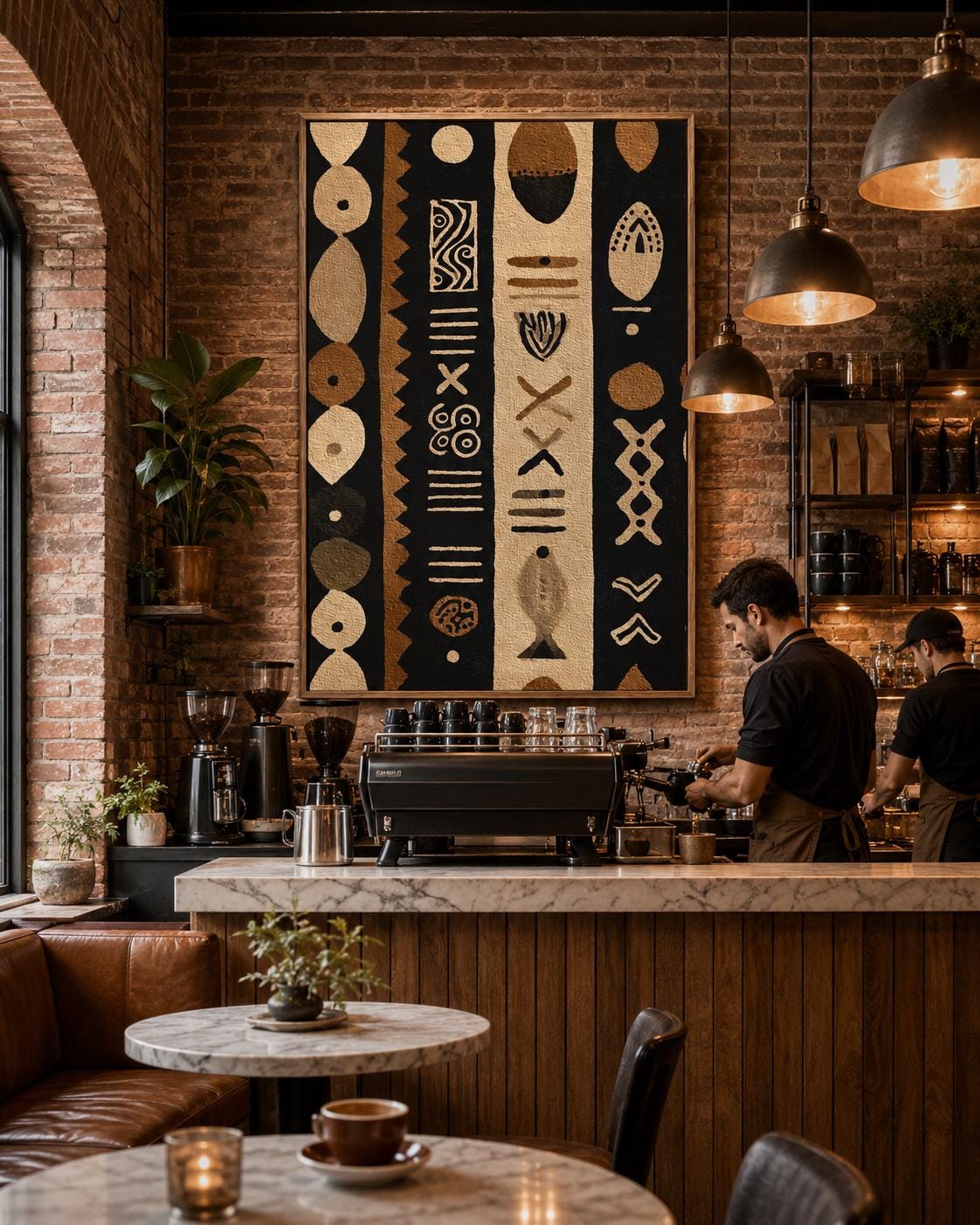 Man standing near a wall holding a drink next to a framed geometric tribal pattern artwork