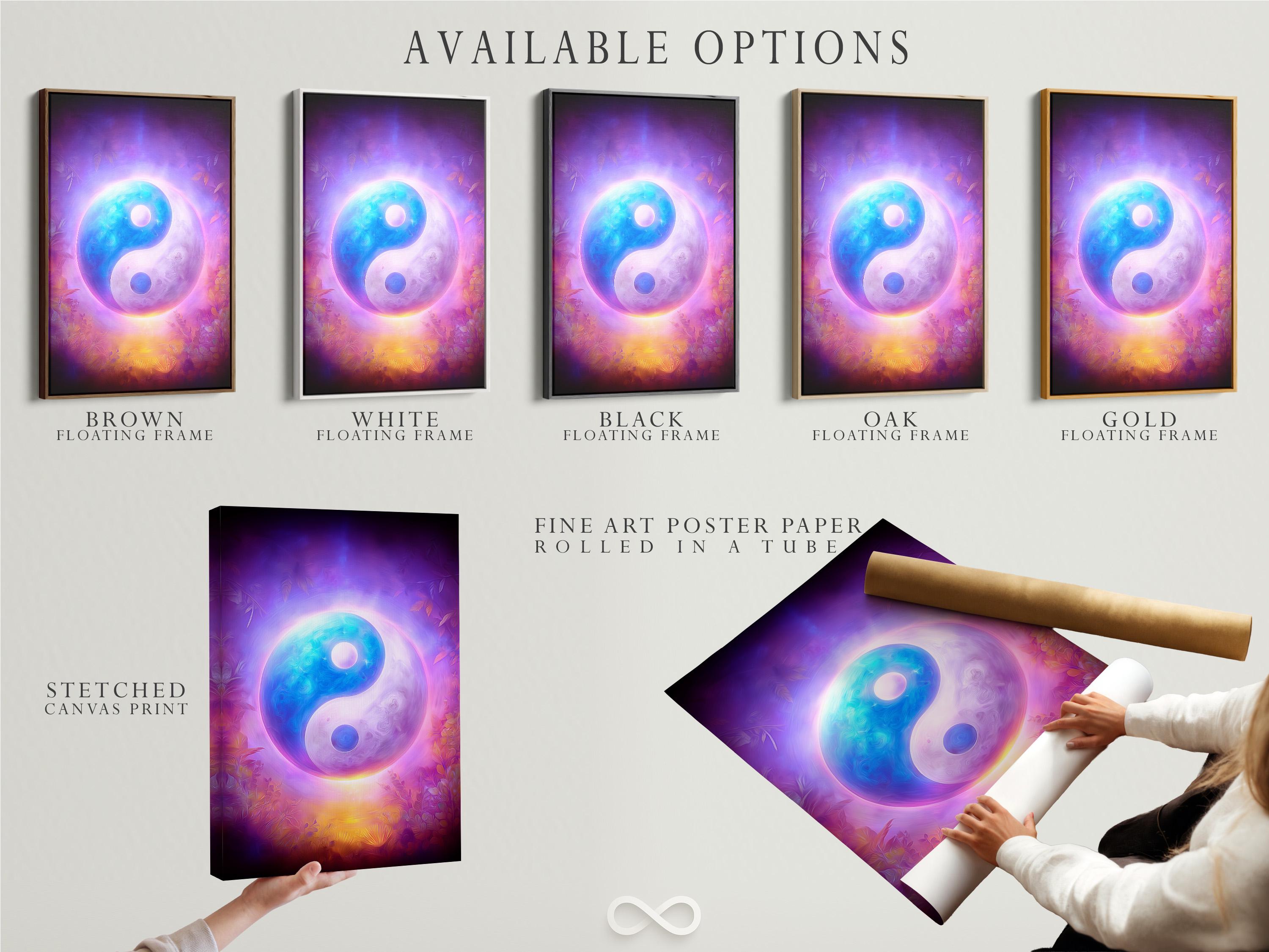 Room mockup showing a glowing purple and blue yin-yang artwork on a wall