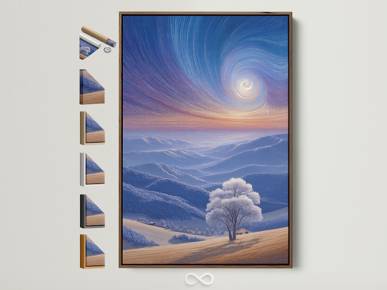Winter sky mountain landscape with swirling blue clouds and a lone snowy tree