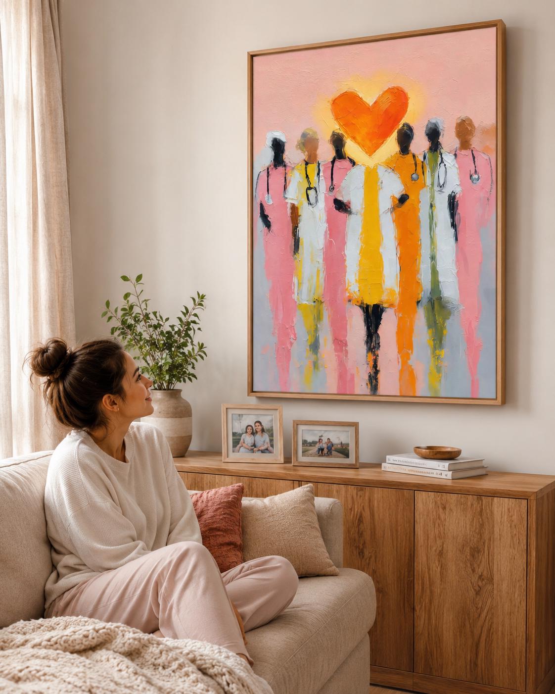 Orange heart above stylised healthcare worker figures on a pink painterly background detail view