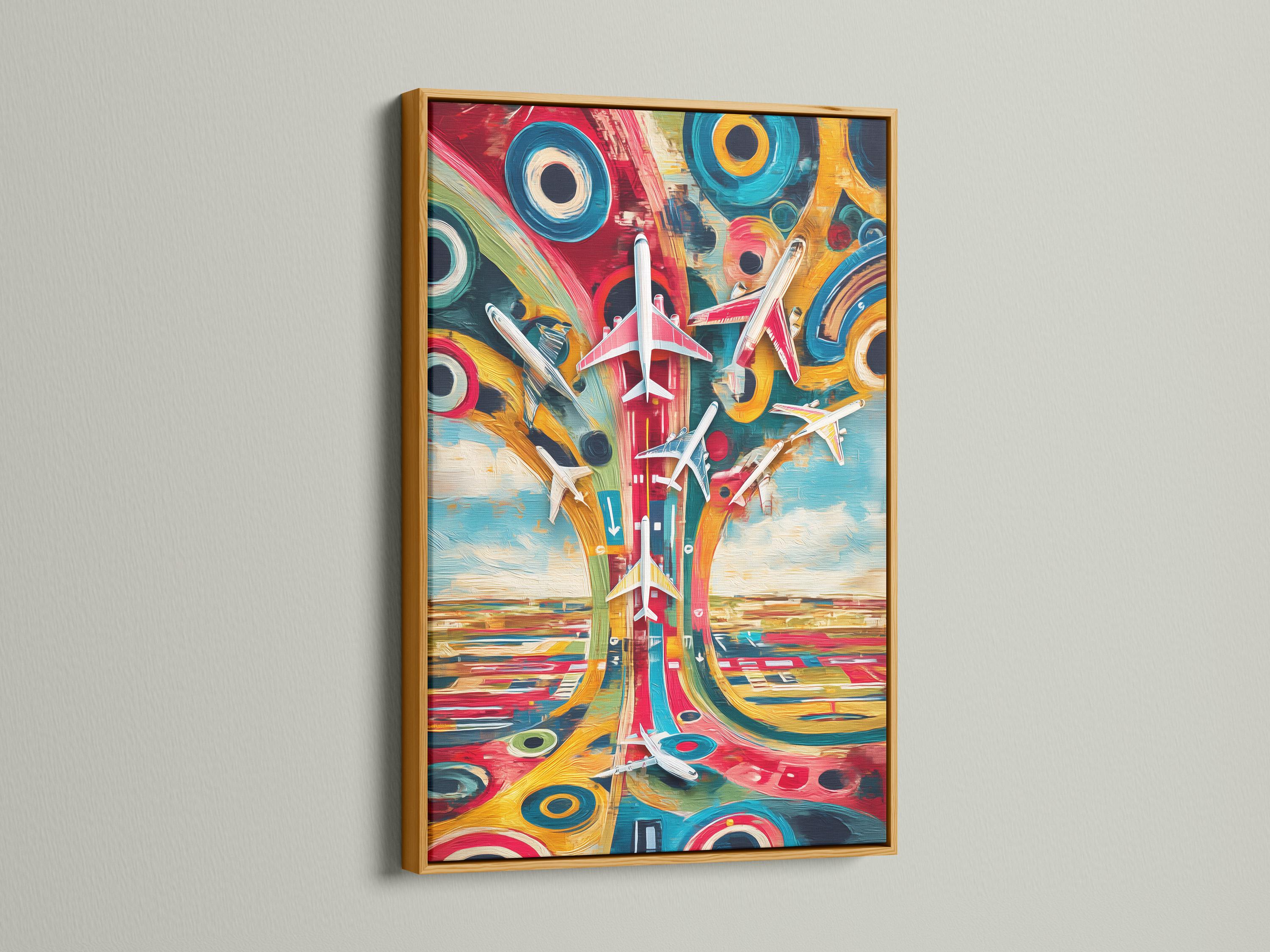 Colourful retro aviation artwork with white airplanes over a teal and pink city background detail view