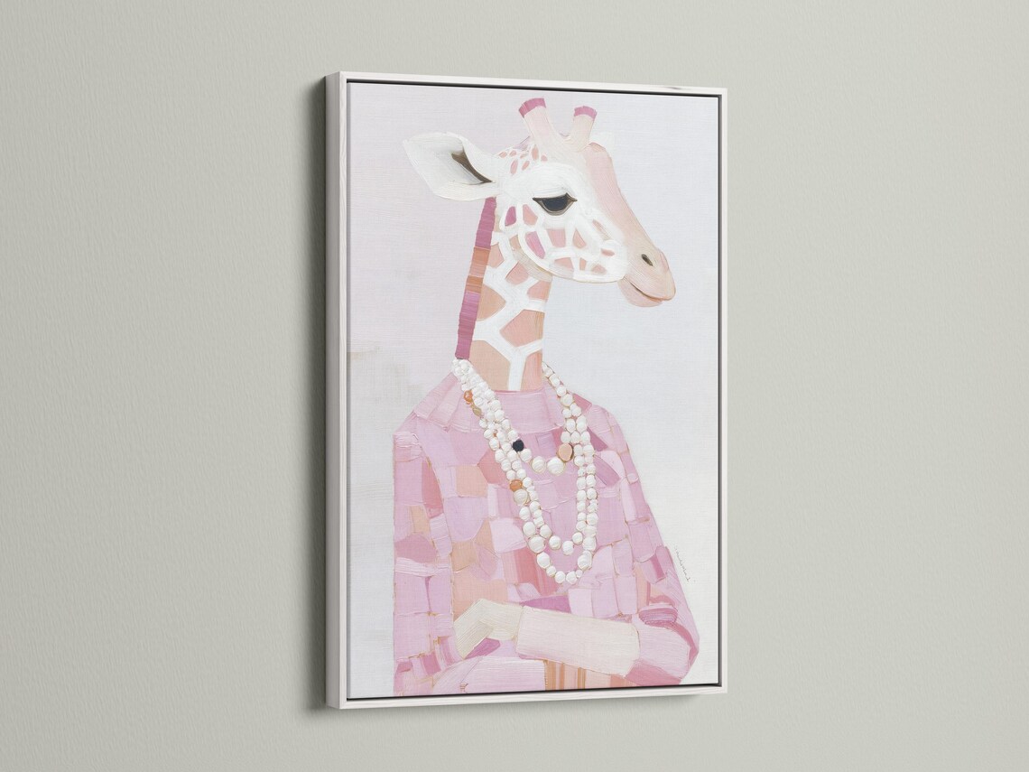 A stylised pink giraffe portrait is shown in a painterly, patchwork-like design with a pearl-like necklace, set against a pale background detail view
