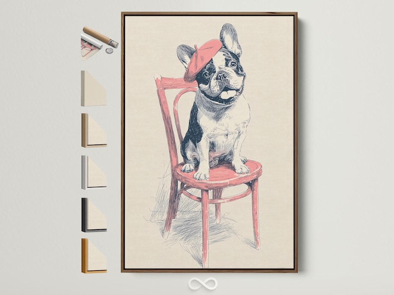 Seated dog wearing a pink beret and sitting on a pink stool, drawn with ink sketch lines