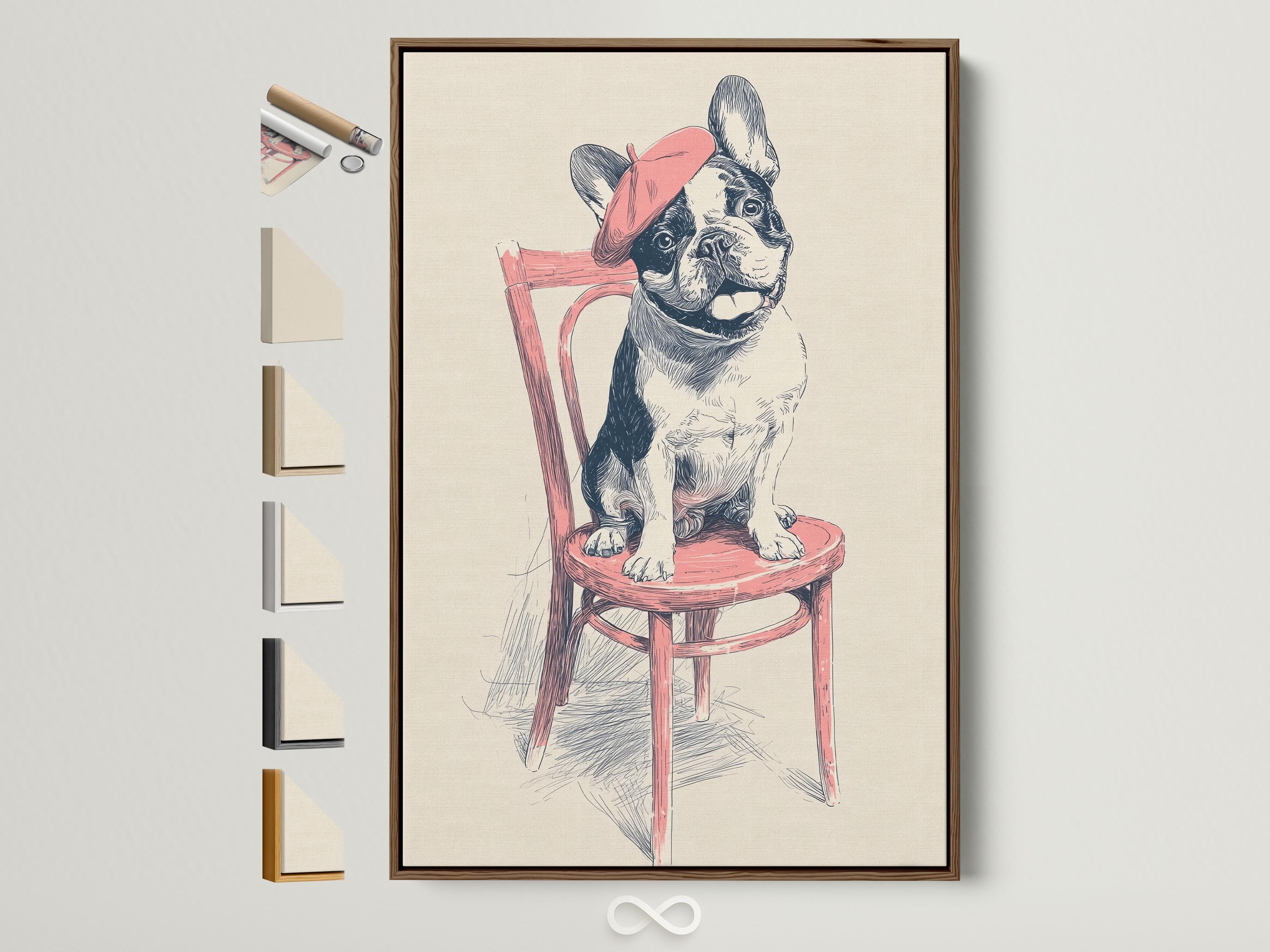 Seated dog wearing a pink beret and sitting on a pink stool, drawn with ink sketch lines