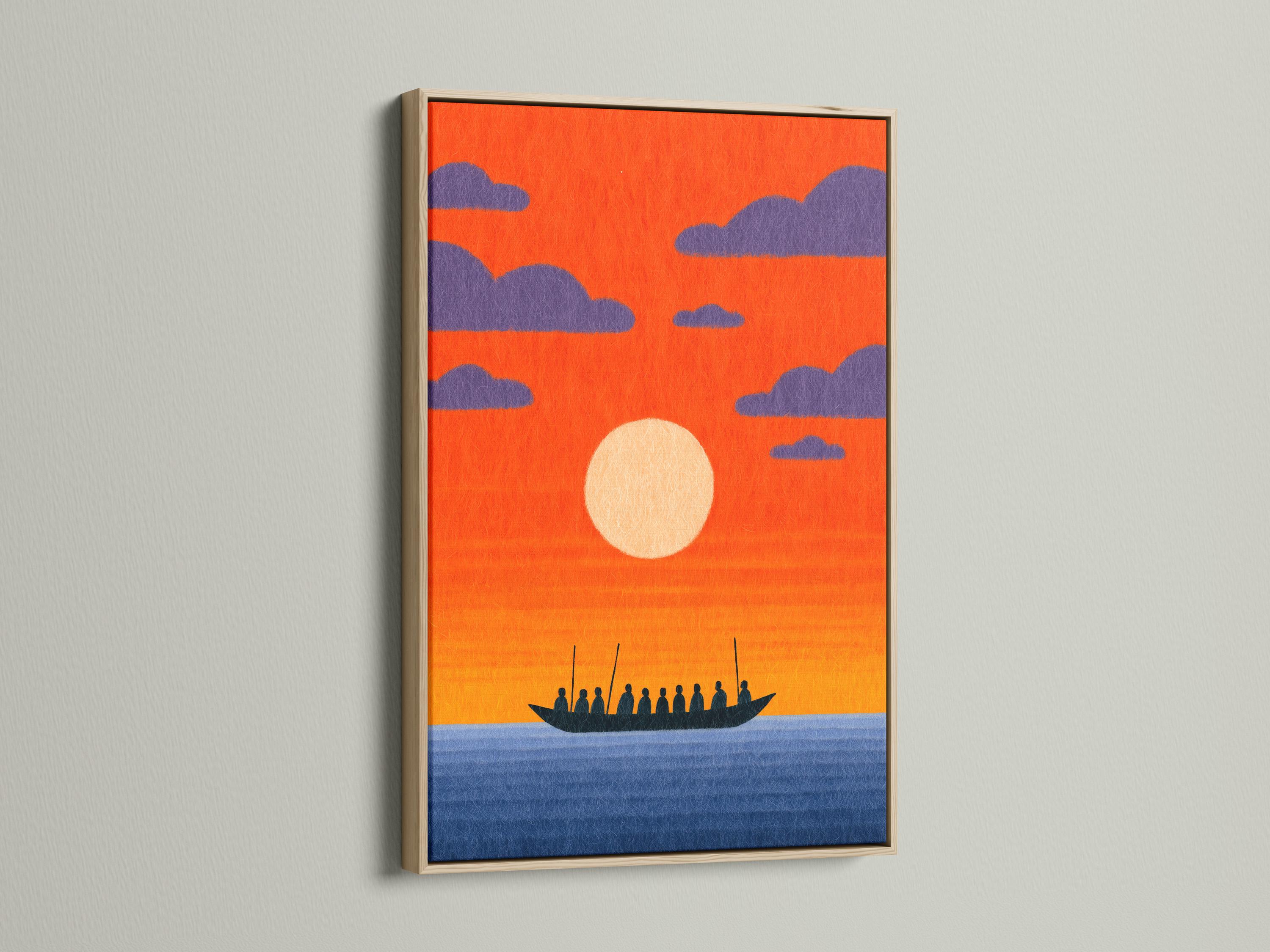Dark boat silhouette with figures on blue waves beneath an orange sunset sky and purple clouds detail view