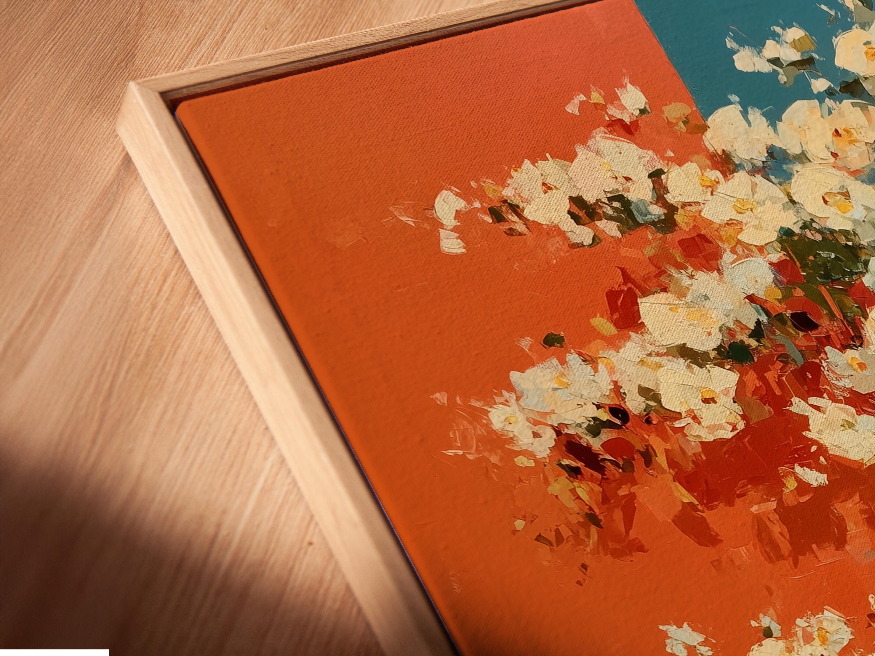Vintage red bicycle with white blossoms on a coral and teal painterly background detail view