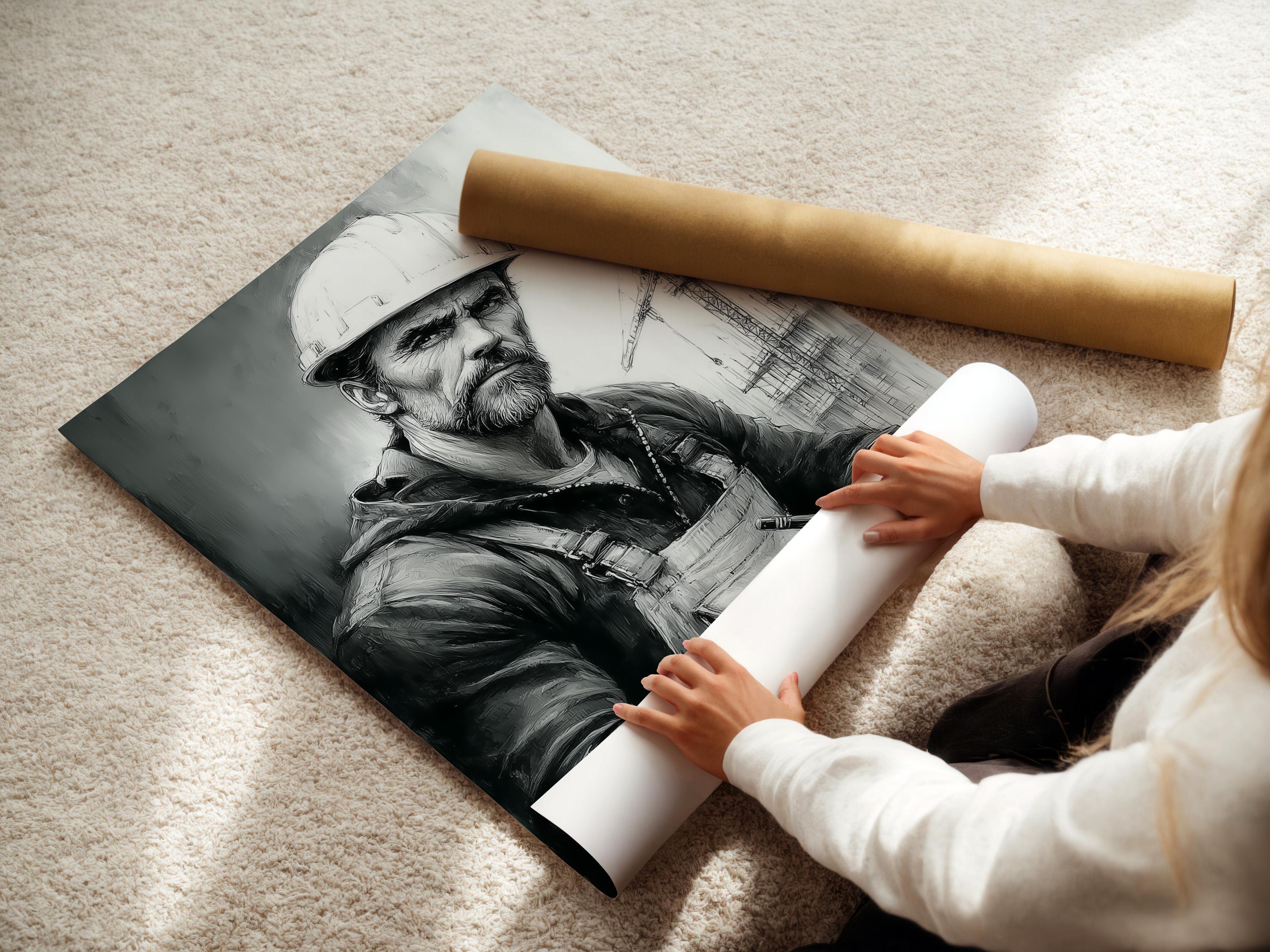 A wall mockup showing framed portrait options next to a monochrome construction worker artwork